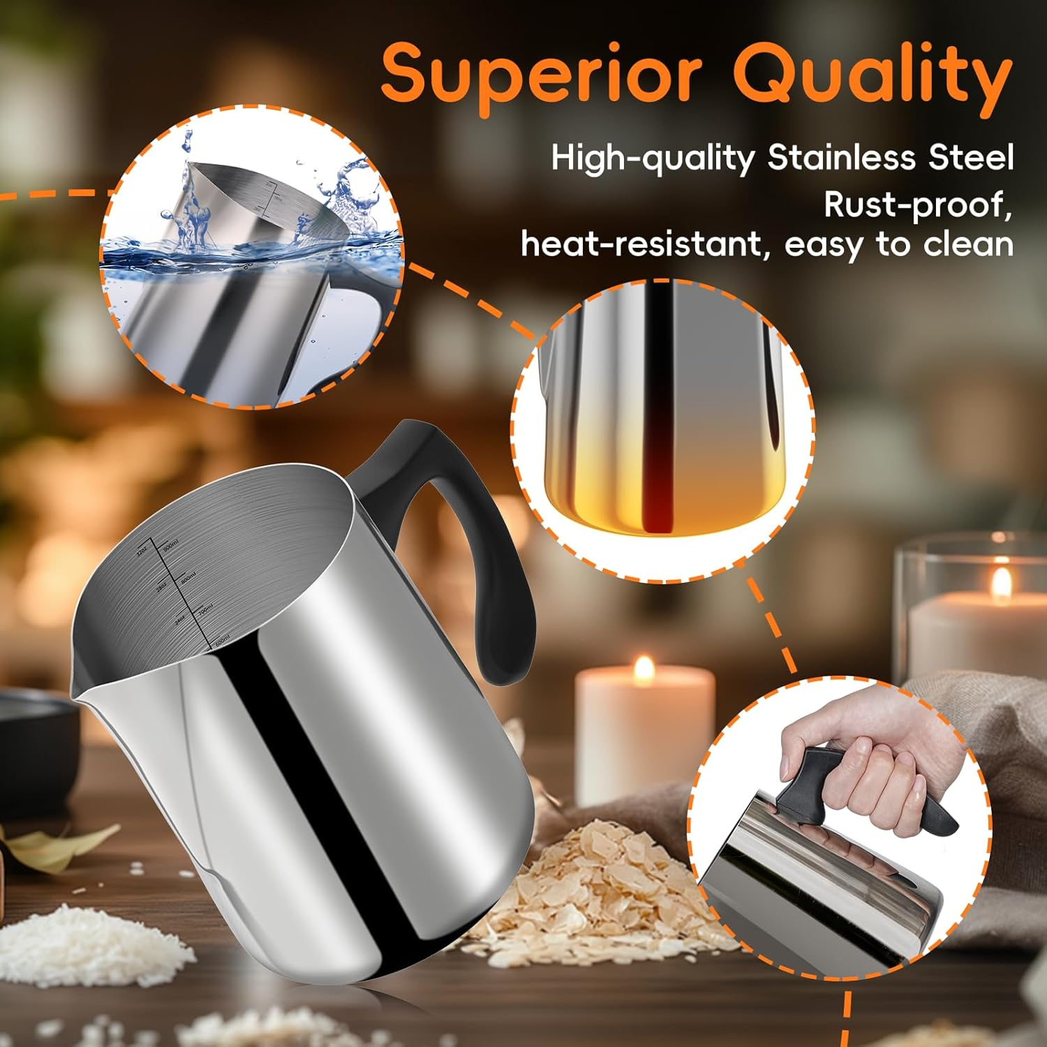 Casaculina Candle Making Pouring Pot, 32Oz Stainless Steel Wax Melting Pot with Heat-Resistant Handle, Double Boiler Candle Making Pitcher with Dripless Pouring Spout Design image number 6