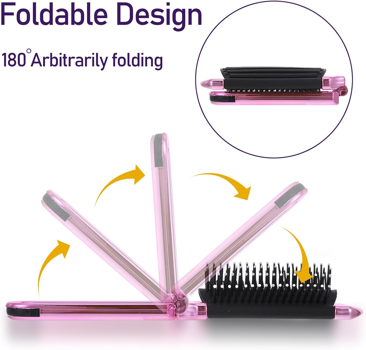 Mozeat Lens Mini Travel Hair Brush, Small Foldable Hair Brush, Compact Hair Brush with Mirror Nylon Bristles for Women and Men, Portable Pocket Comb for Car, Sports Bag, Handbag (Electroplating Pink) image number 6