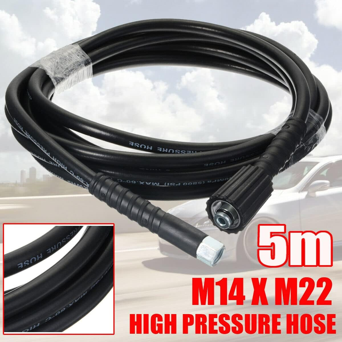 YUET 5M High Pressure Washer Replacement Hose for Car Washing Garden Cleaning, M14 X M22 (15Mm) Thread Connector Water Clean Jet Pipe and Drain 16Ft image number 4