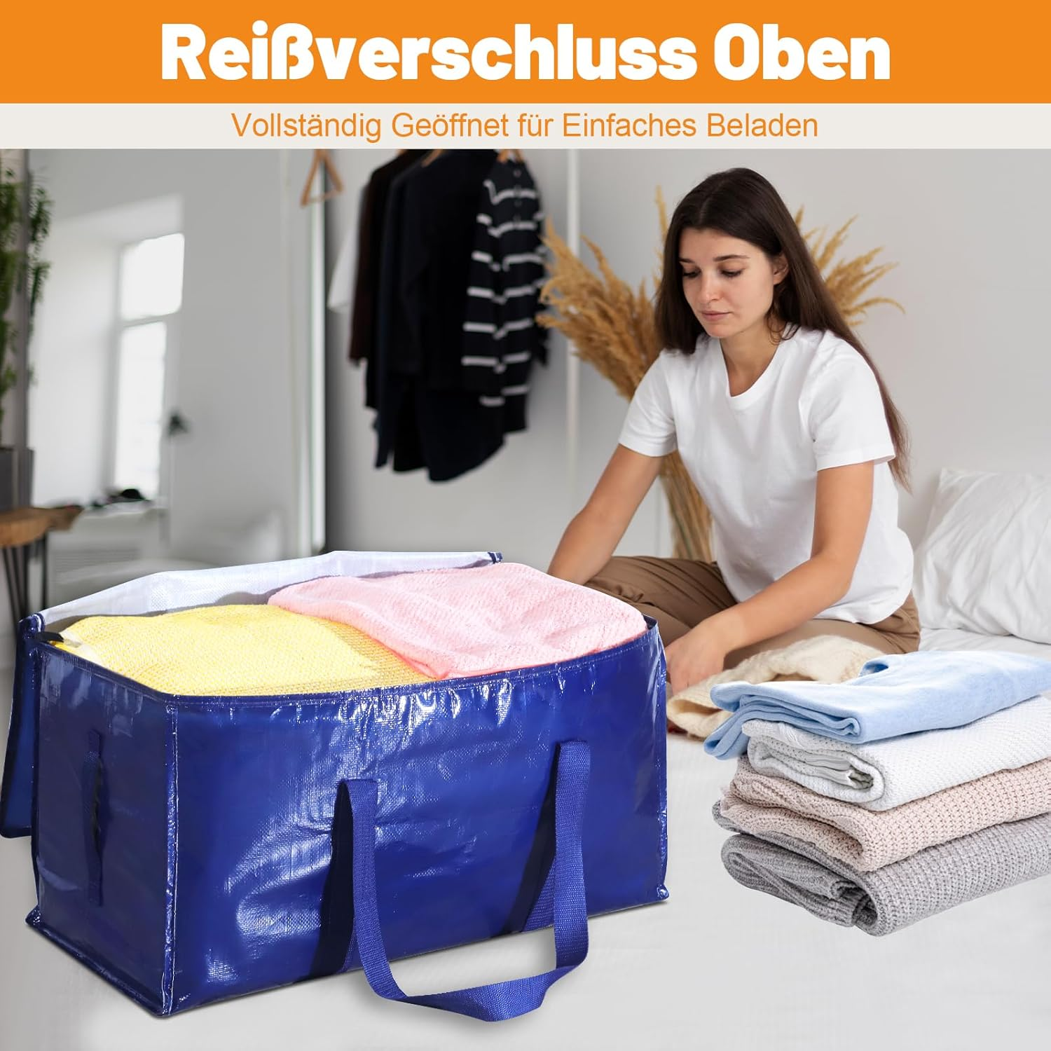 Pack of 6 90L Large Storage Bags with Lid, Foldable Moving Boxes Large with Zip Handle, Clothes Storage, Moving Bags for Moving, Camping, Bed Linen, Clothing Storage, Blue image number 3