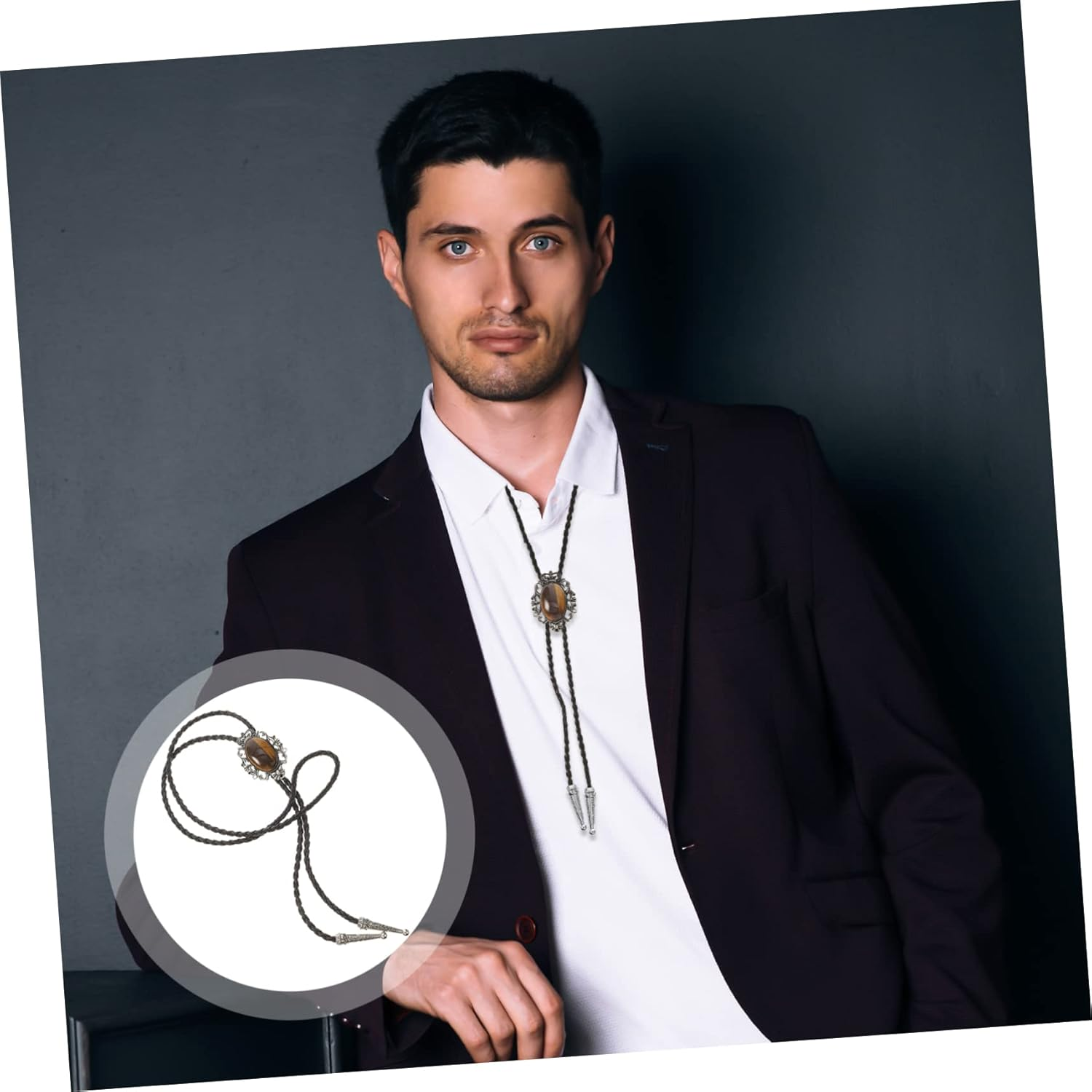 WESIEVYA Bolo Tie Men Necklaces Western Necklace Vintage for Men Locket for Men Aqua Ties Shirt Neck Chain Shirt Necktie Neckties Mens Necktie Cowboy Agate image number 2