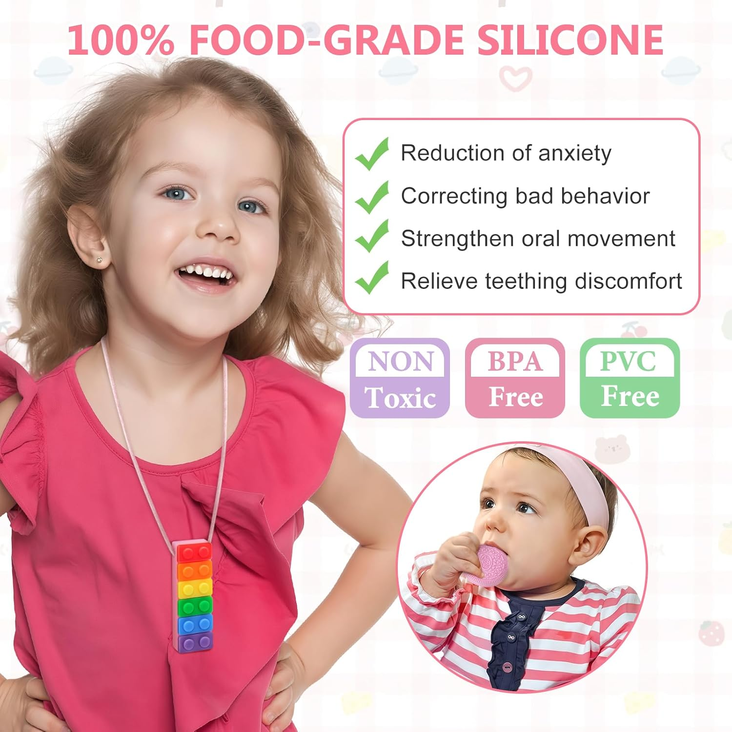 Chew Necklaces for Sensory Kids, 5 Pack Chew Toys Teething for Sensory Kids, Made from Food Grade Silicone for for Autistic, ADHD, Oral Motor Boys and Girls Children (Rainbow Color) image number 3