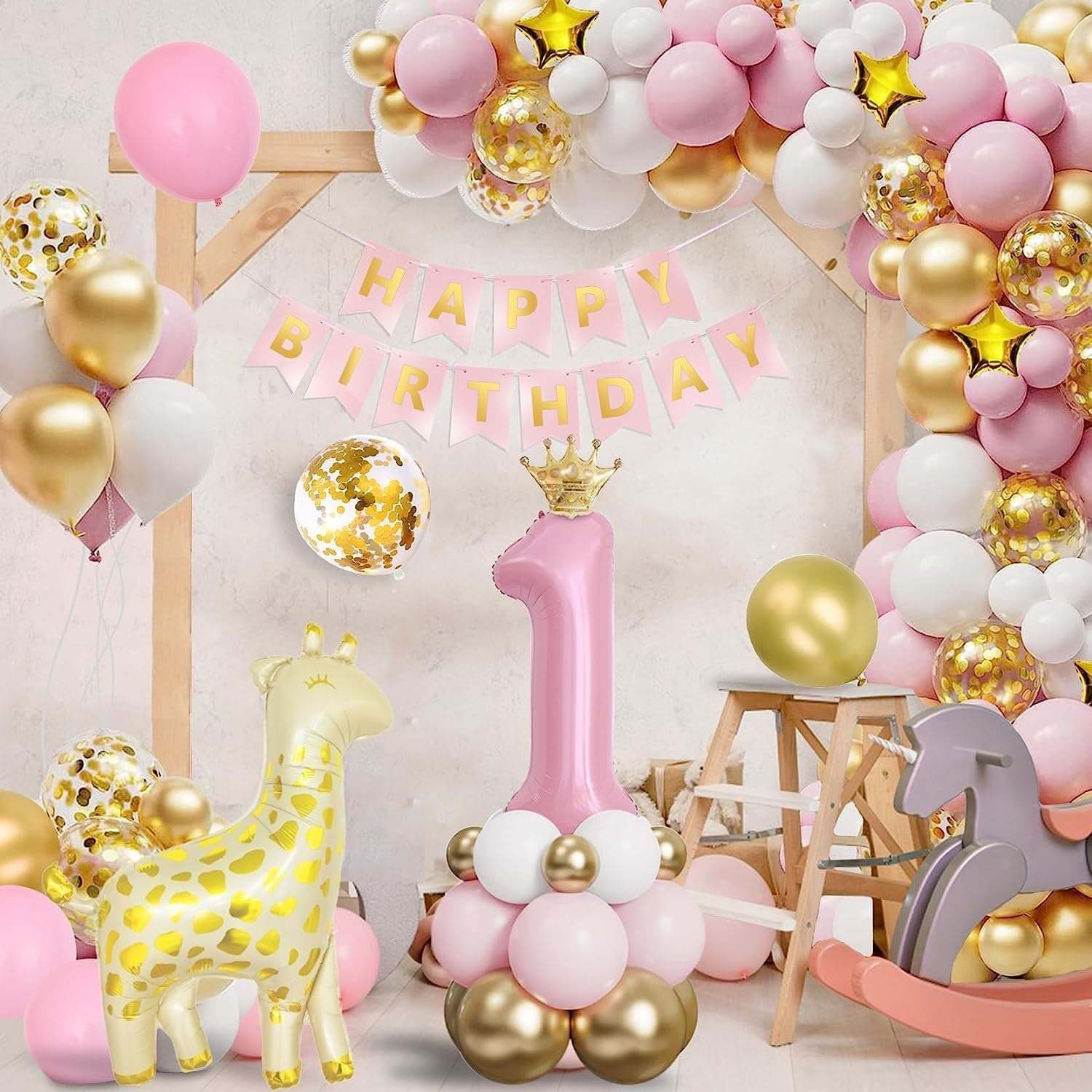 First Birthday Decorations Pink Balloon Arch Kit for Girl,Happy Birthday Banner Number 1 Balloon Garland Kit Party Decor image number 1