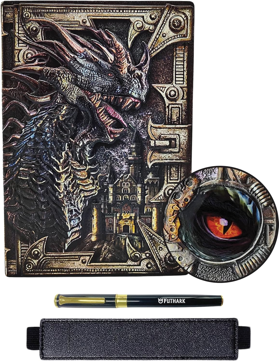 Futhark DND Journal &ndash; 200 Pages, 3D Embossed Bronze Dragon Faux Leather Cover, Includes Pen & Holder &ndash; Perfect Notebook for Dungeons & Dragons/D&D, DM Gifts & Fantasy RPG Accessories