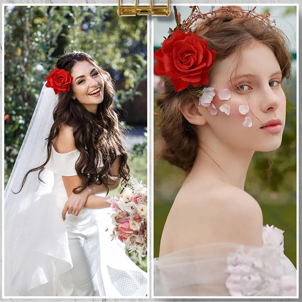 SOFPLATE Pack of 4 Red Rose Hair Clips Headdress Flowers Hair Clips Brooch 2 in 1 Fabric Flowers Hair Pins Accessories for Valentine'S Day Wedding Party Fancy Dress Accessories Women'S Hats Bags image number 2
