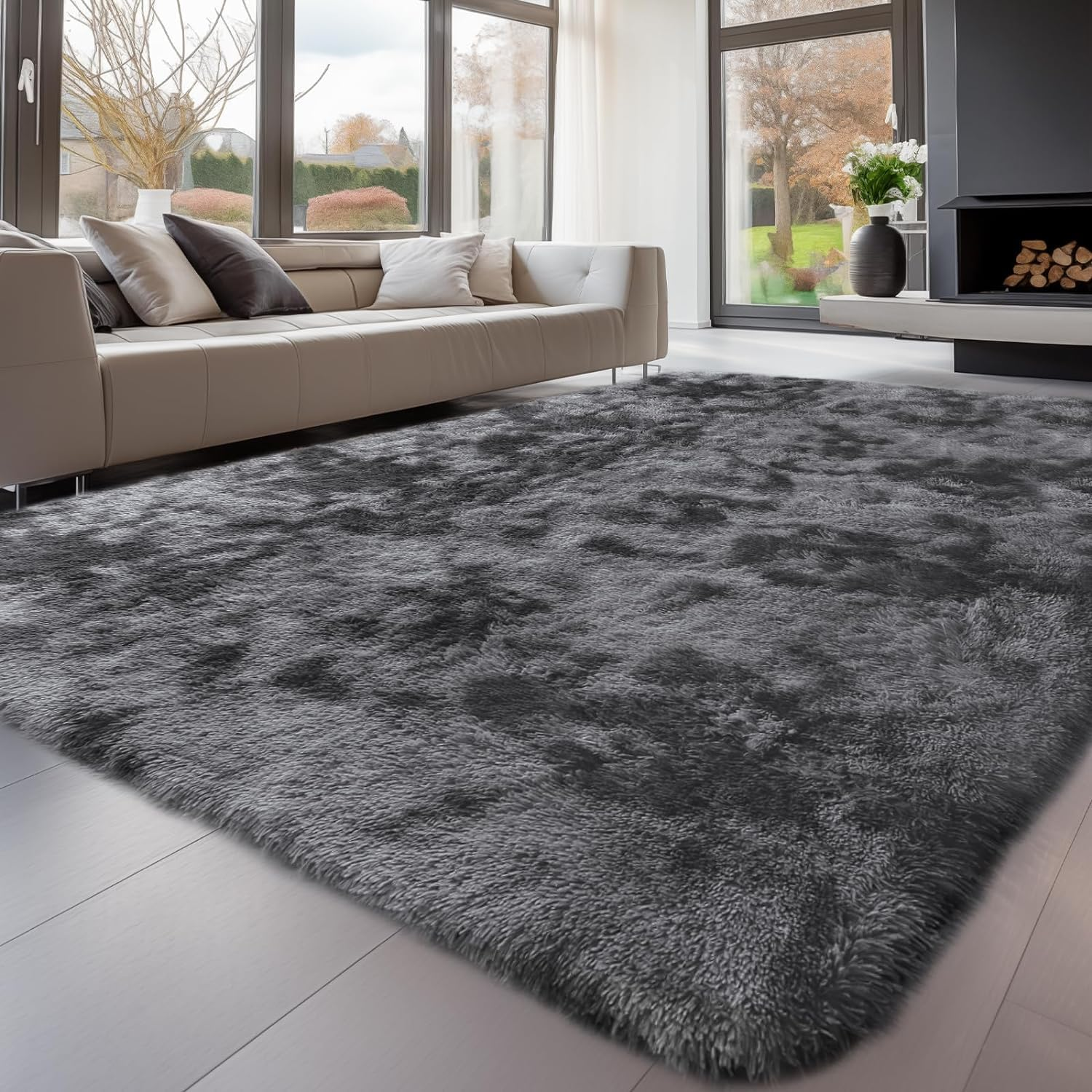 EDIMENS Super Soft Indoor Modern Shag Area Carpet Smooth Floor Mat Fur Rugs Fluffy Rugs Anti-Skid Shaggy Area Rug Large Floor Mat for Bedroom, Kids Play Room, Dormitory, Hotel(Dark Grey,200 * 300Cm)