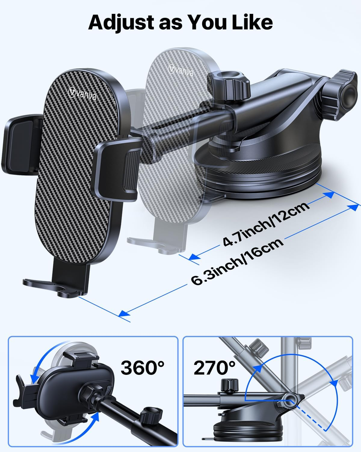 Vanva [ Military-Grade Protection ] Car Phone Mount, Phone Holder for Dashboard/Windshield/Air Vent, Easy Clamp Mount Compatible with Iphone 17 16 15 14 13 Pro Max (B1) - B1 image number 4