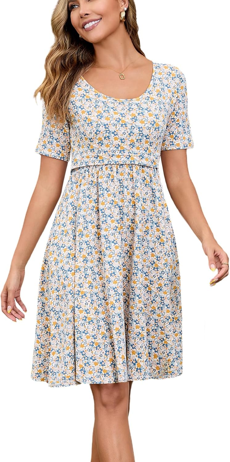 Women'S Nursing Dresses Breastfeeding Summer Classic Cotton Mini Breastfeeding Dress with Pockets image number 4