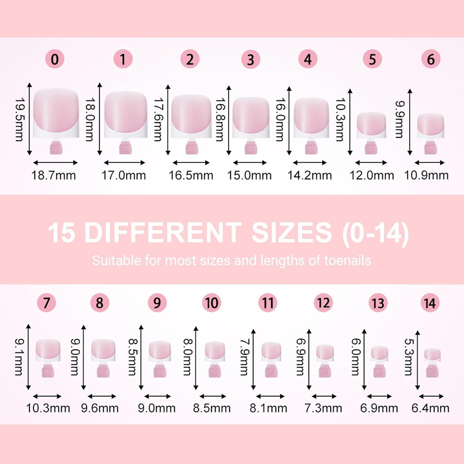 Toe Nail Tips Press on French Fake Short Toe Tips, 150Pcs Tip Toe Nail Press Ons, Square round Acrylic Press on Toenails, 15 Sizes French Wearable Full Cover Fake Toenails(Baby Pink) image number 2