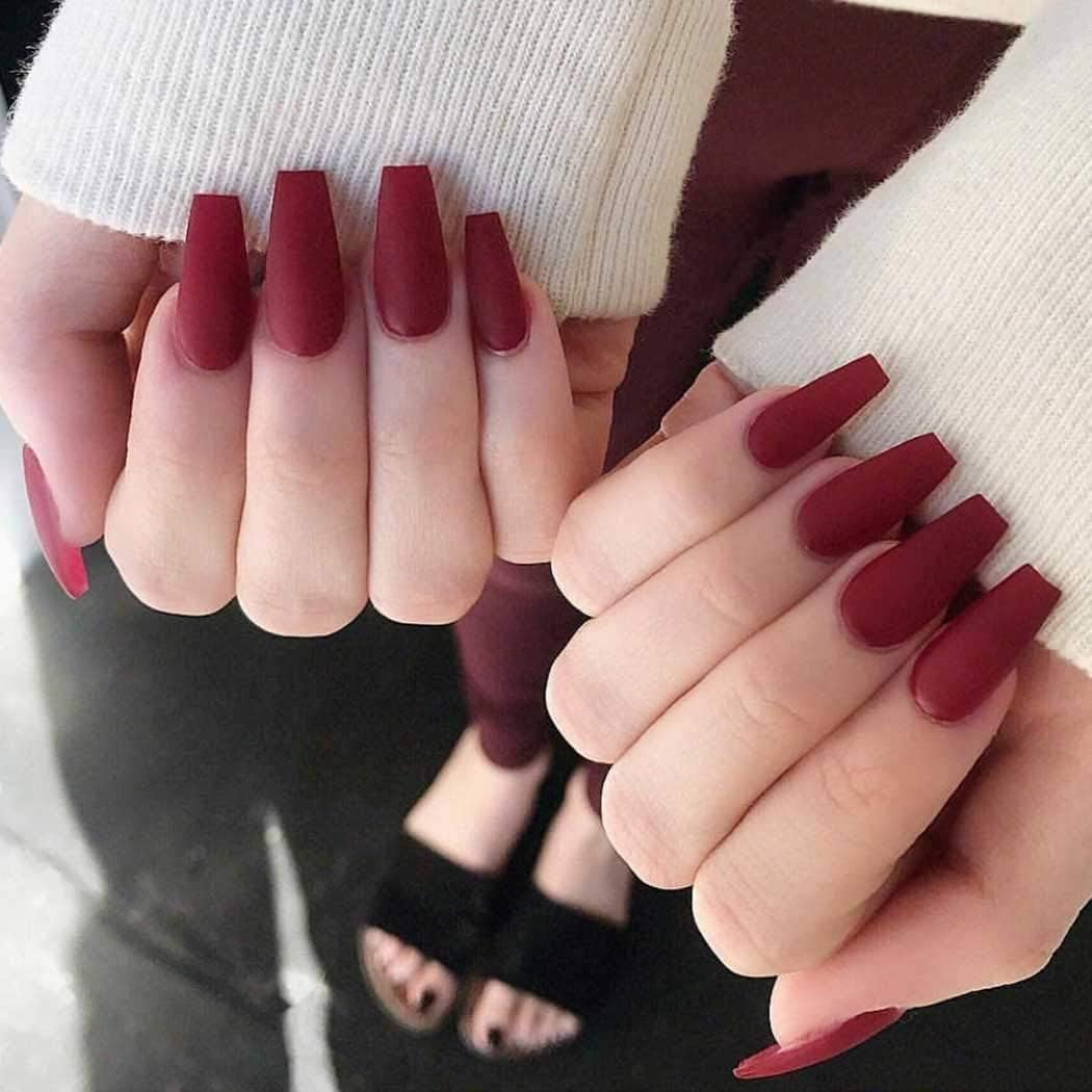 Matte Super Long False Nails Coffin Ballerina Extra Long Press on Nails Acrylic Fake Nails Acrylic Full Cover Nails 24Pcs (Wine Red) - Red image number 4