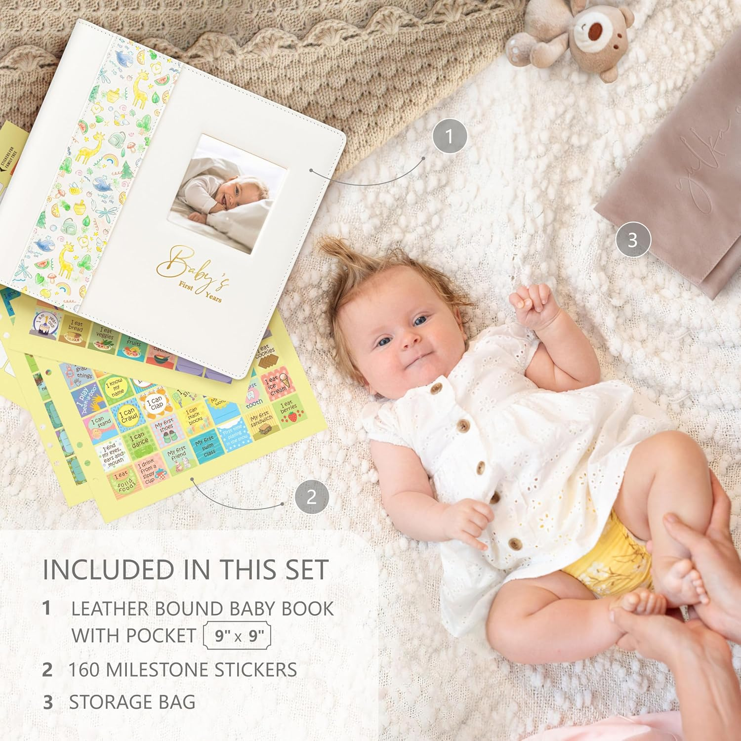 Keepsake Baby Memory Book Girl Boy &ndash; Timeless Leather-Bound Baby Milestone Book &ndash; Baby Book Keepsake Record First 5 Years - Gender Neutral Baby Scrapbook Album Baby Album Journal Registry Search Gift image number 5