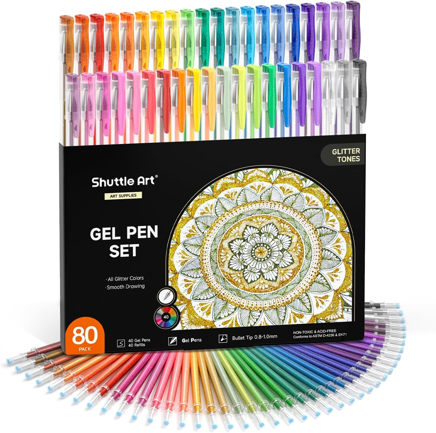 Shuttle Art Glitter Gel Pens, 80 Pack Gel Pens 40 Colours Glitter Gel Pen Set with 40 Refills for Adult Colouring Books Doodling Drawing Writing image number 2