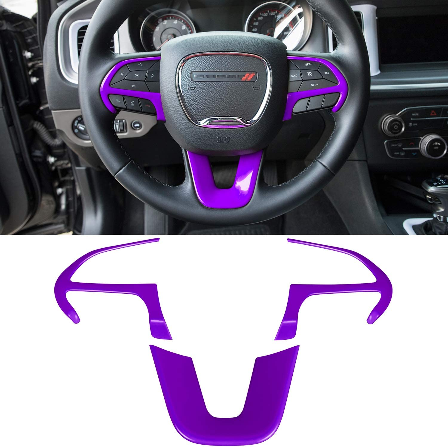Steering Wheel Cover Trim Interior Accessories Decoration Kit for 2015-2021 Dodge Challenger Charger, for 2014-2021 Dodge Durango & Jeep Grand Cherokee SRT8 (Purple 3PCS) - Orange image number 3