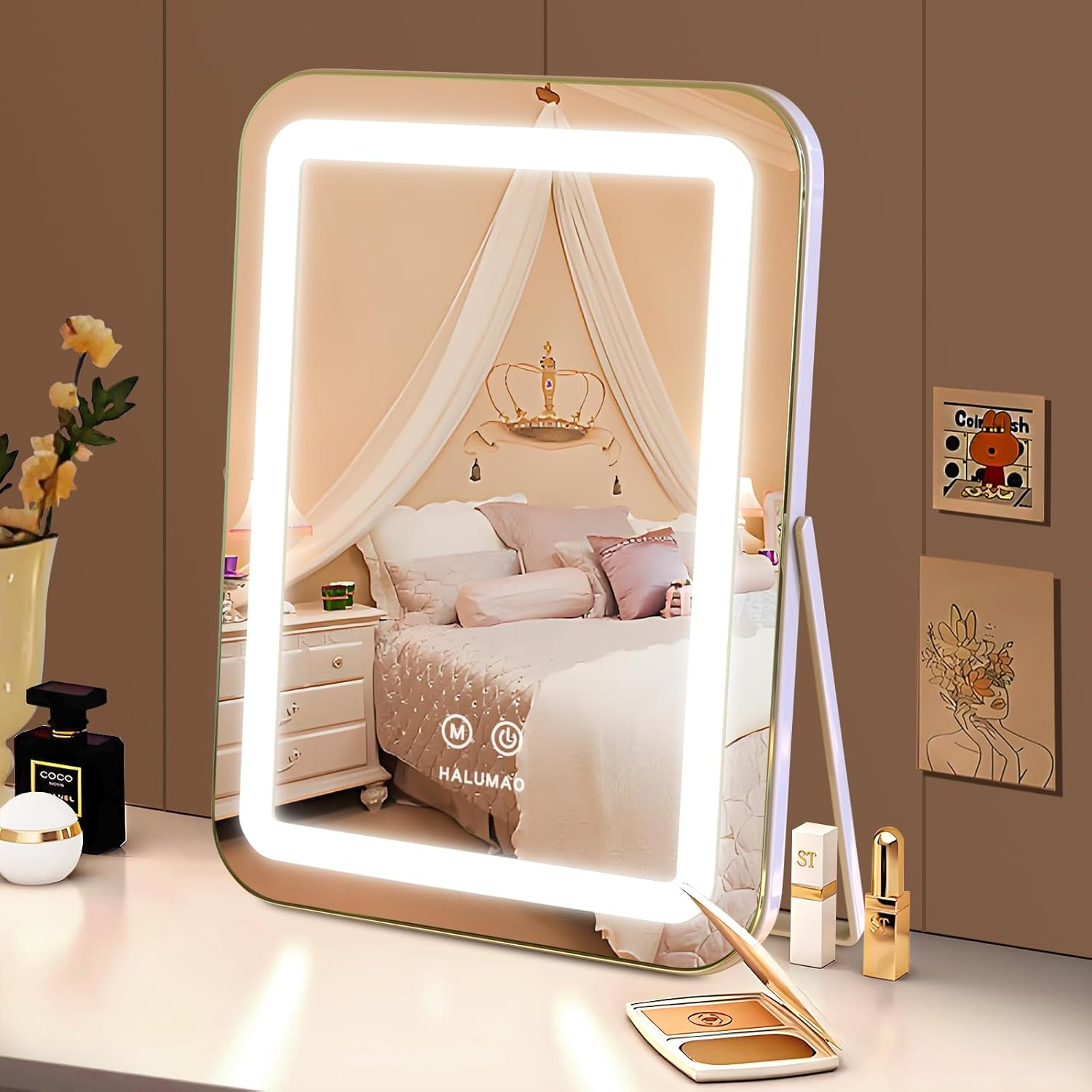 Vanity Mirror with Lights, 13.8" X 10.6"Light up Makeup Mirror, LED Makeup Mirror with Lights for Bedroom Tabletop, Smart Touch Control 3 Colors Dimmable, 360&deg; Rotation image number 3