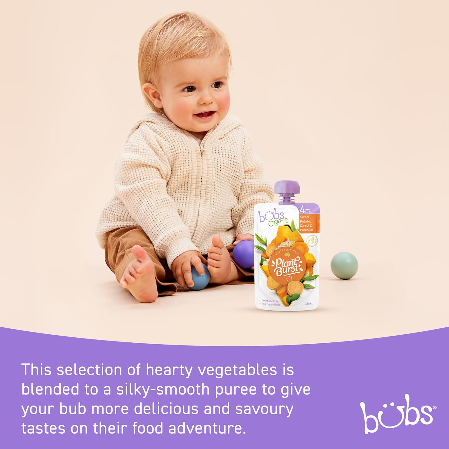 Bubs Organic Sweet Potato, Carrot & Pumpkin Pouch, 4+ Months Baby Food, Veggie Puree Snack, No Added Sugar, 120G (Pack of 6 Pouches) image number 3