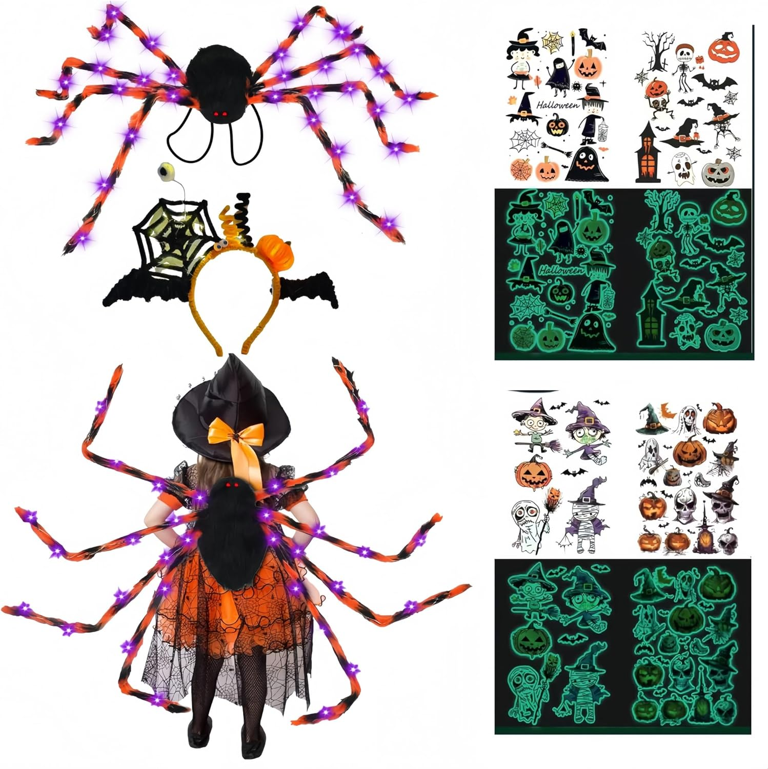 Halloween Glow-In-The-Dark Tattoo Stickers (4 Sheets), DIY Light-Up Headband & LED Spider Backpack for Halloween Makeup Trick or Treat Party Favor, Garden Indoor Decor(B) image number 1
