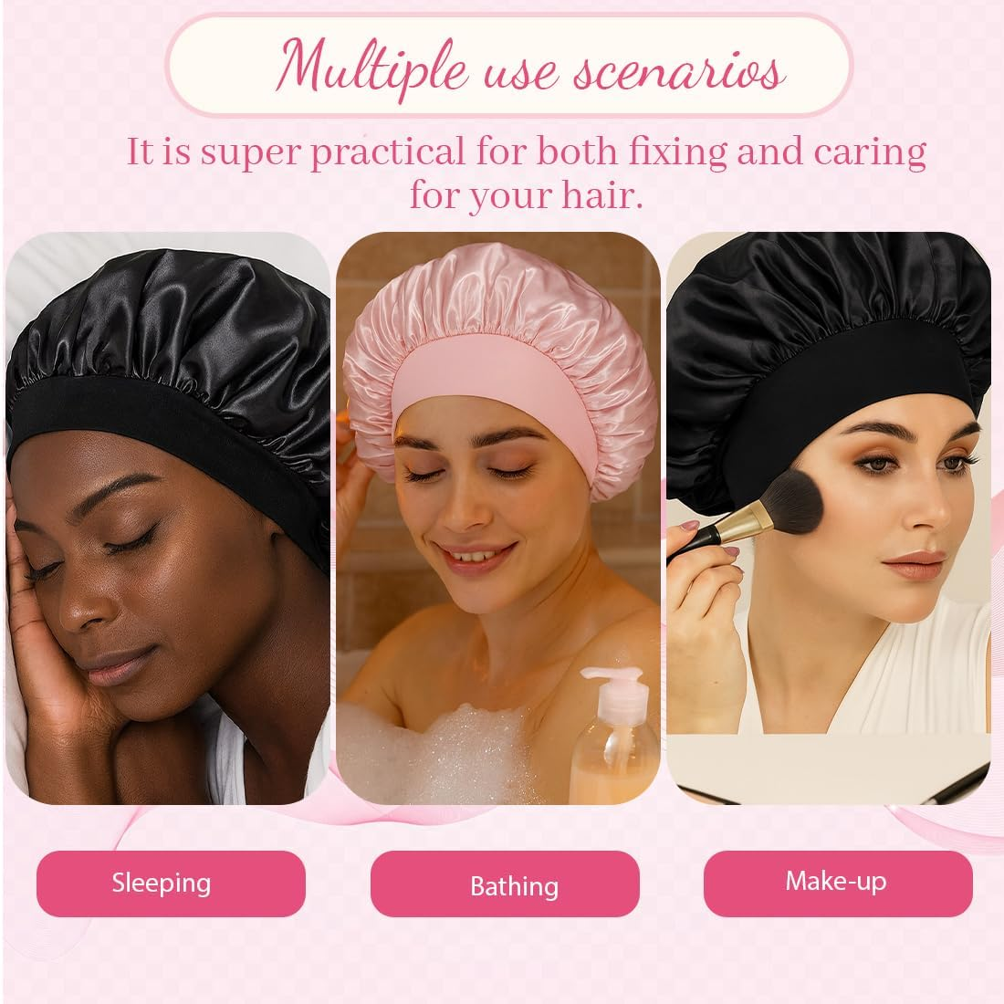 KIRZAX Pack of 2 Silk Bonnet for Sleeping, Silk Bonnet, Satin Hair Cap Bonnet for the Night, Soft Bonnet Sleep Cap, Hair Net for Women and Girls (Black + Pink) image number 2