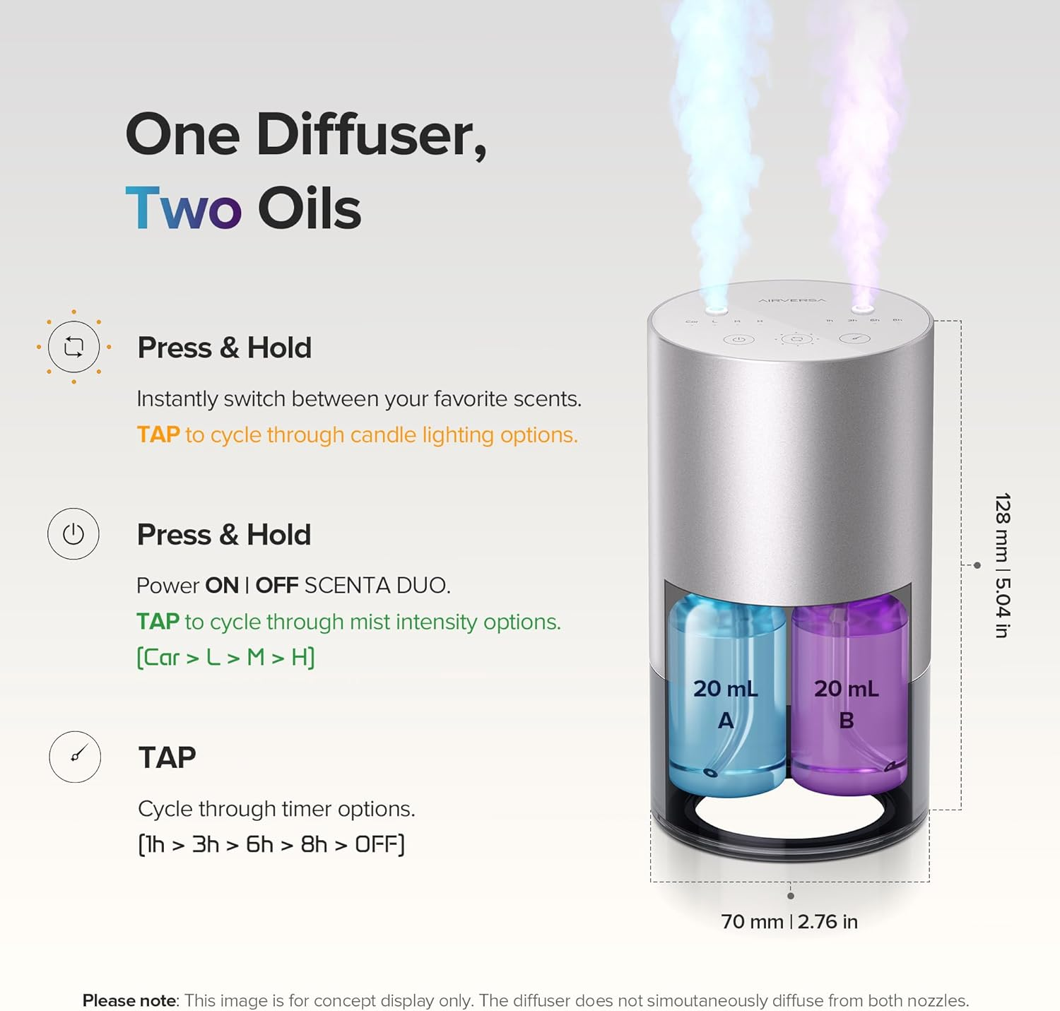 Airversa Dual-Nozzle Waterless Essential Oil Diffuser for Home Rechargeable Scent Diffusers with 5 Timer Settings, 4 Mist Levels with Vehicle Mode for Car Room Studio Office, Black Metal - Desert Titanium image number 2