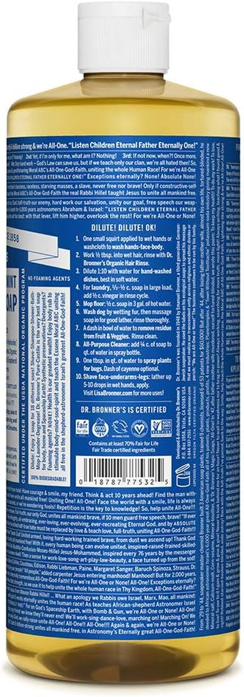 Dr. Bronner'S - Pure-Castile Liquid Soap (Peppermint, 32 Ounce, 2-Pack) - Made with Organic Oils, 18-In-1 Uses: Face, Body, Hair, Laundry, Pets and Dishes, Concentrated, Vegan, Non-Gmo image number 4