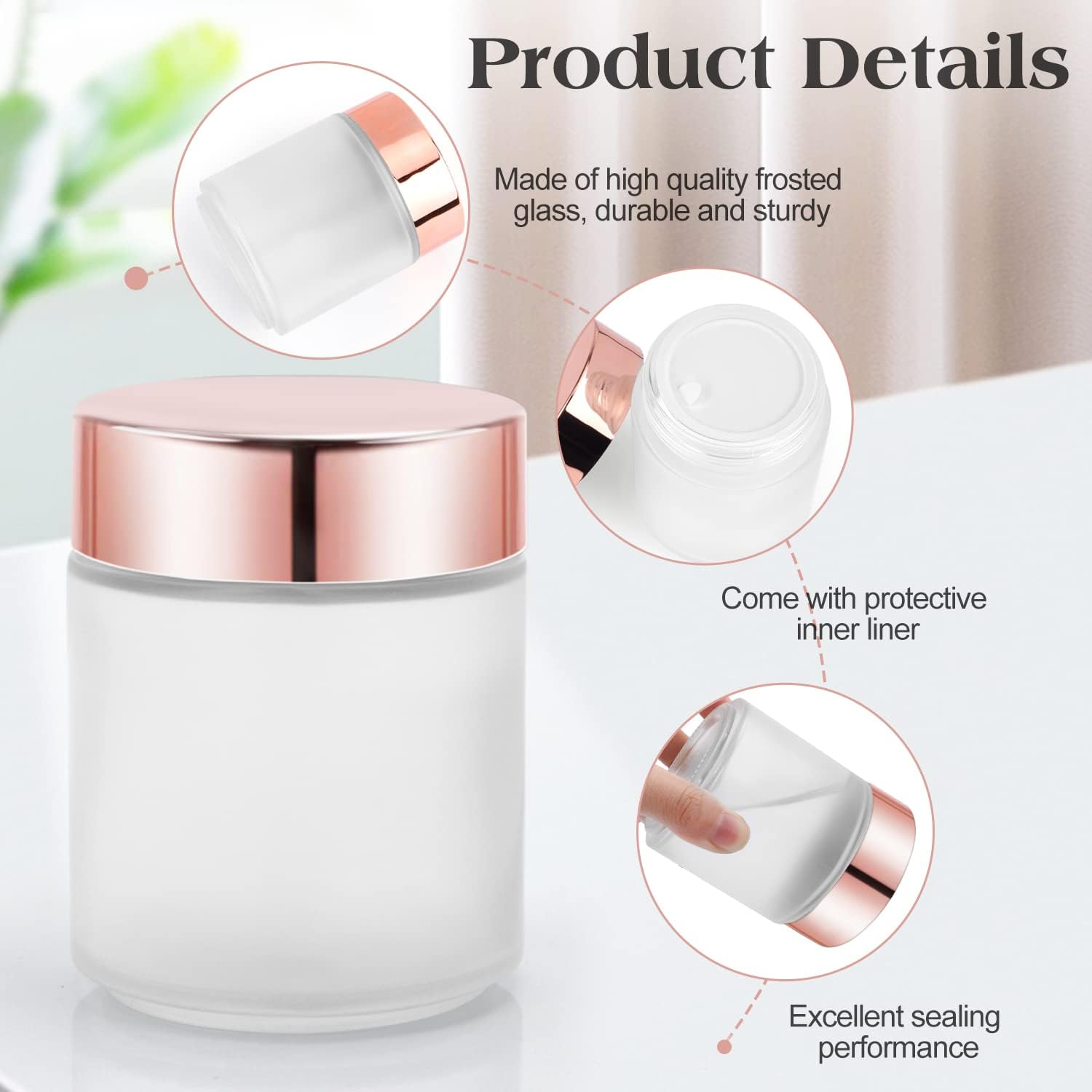 4 Pack 200G/7Oz Frosted Glass Jars Empty Cosmetic Pot Refillable Cream Container Bottle with Rose Gold Lid&Inner Liner for Lotion Face Cream DIY Makeup Salve Lip Balm Toiletries image number 3