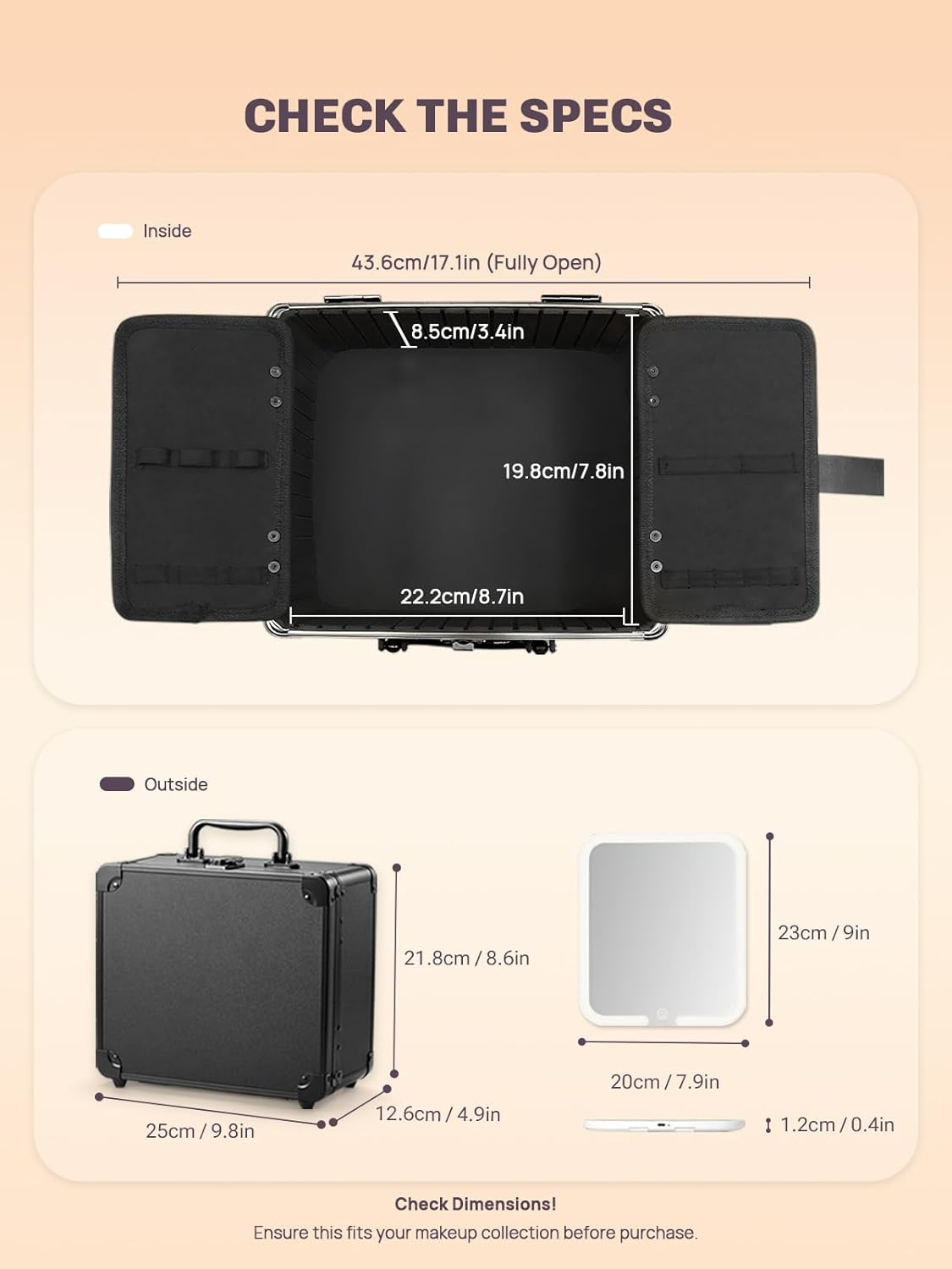 Makeup Box with Lighted Mirror Detachable, Cosmetic Organizer and Portable Makeup Box with Adjustable Dividers, 3 Color Scenarios, Adjustable Brightness and Waterproof Travel Train Case (Black) image number 6