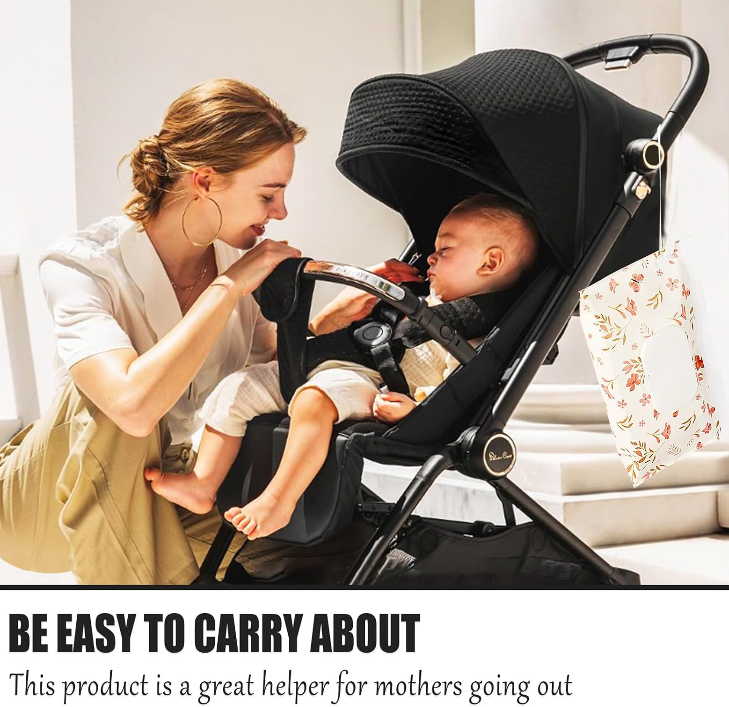 FEBSNOW 2 Pack Baby Wipes Dispenser Holder, Portable Refillable Baby Wet Wipes Pouch Container Reusable Travel Case for Outdoor Hiking, Pink Flower - Beige image number 6