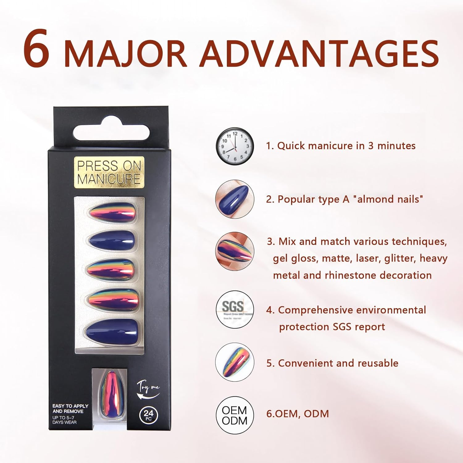 French Press on Nails,Short Almond Fake Nails,Reusable Stick on Nails in 12 Sizes-24 PCS Soft Gel Nails Kit, ABS Natural Fit, Salon-Quality,Elegant Moments image number 1