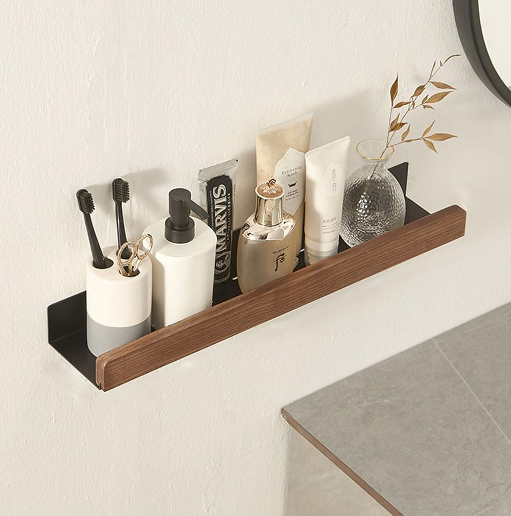 Wall Mounted Floating Metal Shelf Ledge, White Bathroom Shelf Wall Mount Shelf Decorate with Solid Wood Edges Space Saving Rustproof Extra Strong Floating Shelves Storage Shelf (20 Cm)