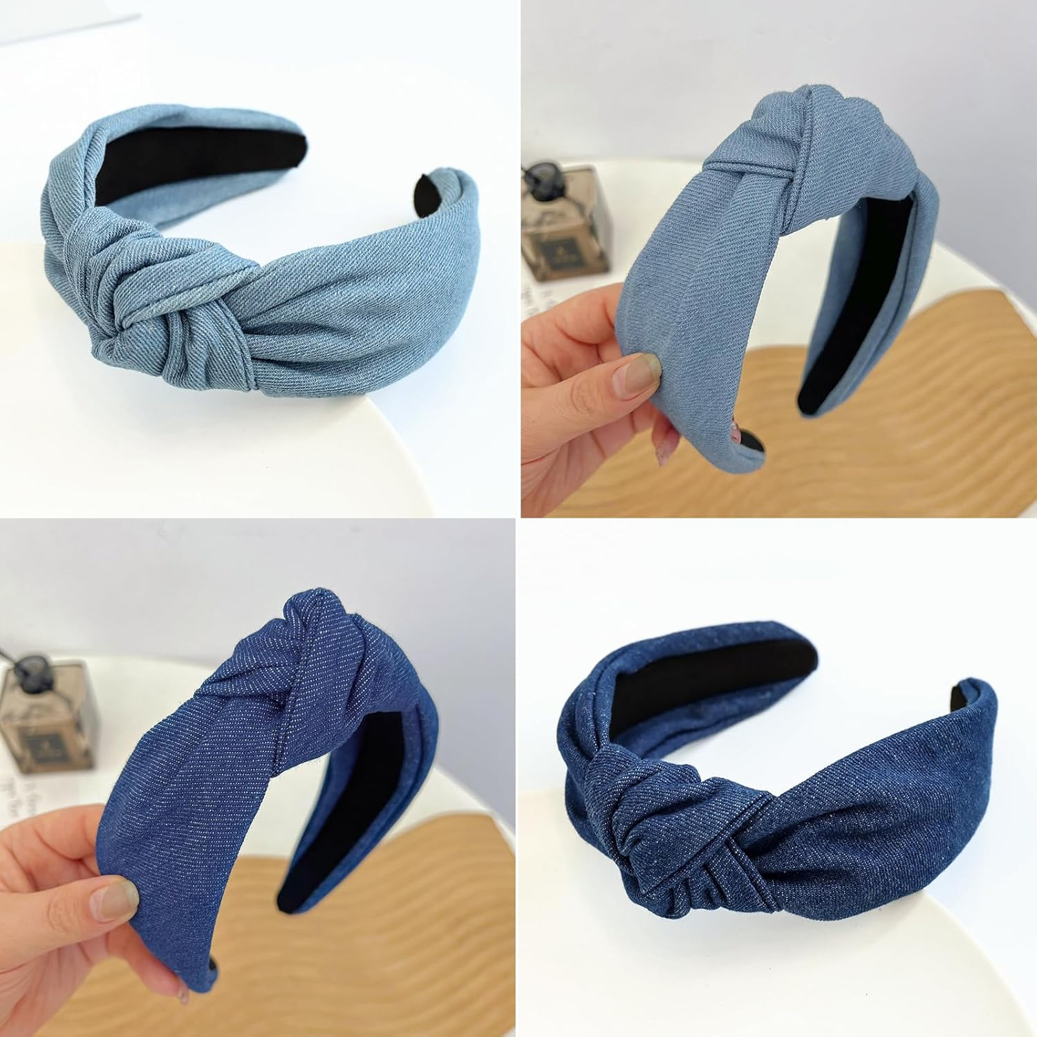 Pack of 2 Vintage Denim Knot Headbands Non-Slip Solid Wide Elastic Hair Bands with Cross Knotted Head Hair Accessories (Dark Blue Light Blue) image number 1
