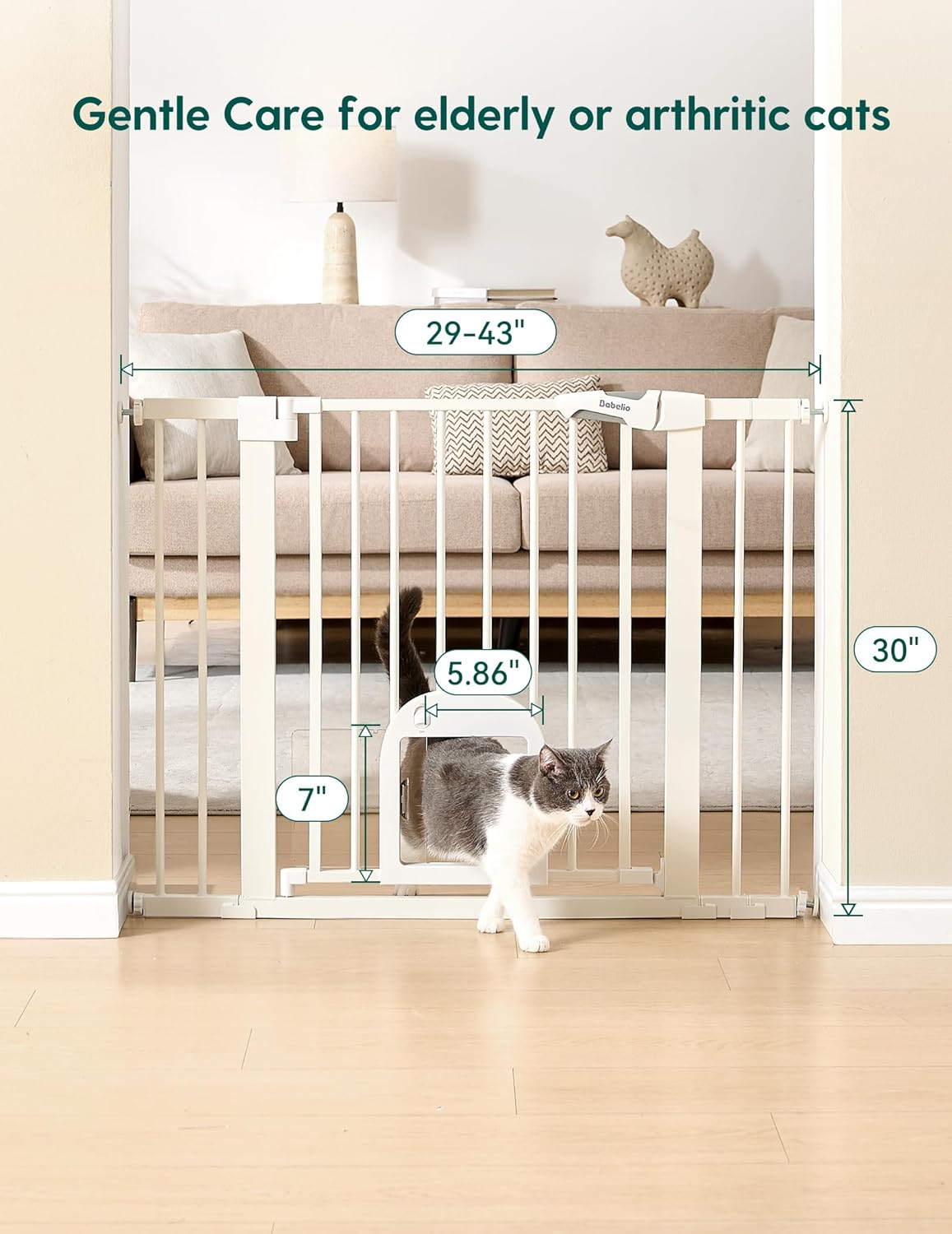 Babelio Upgraded Baby Gate with Cat Door, 73.7-109 CM Auto Close Durable Dog Gate for Stairs, Doorways and House, Easy Walk Thru Safety Gate with Pet Door Includes 4 Wall Cups, White image number 6
