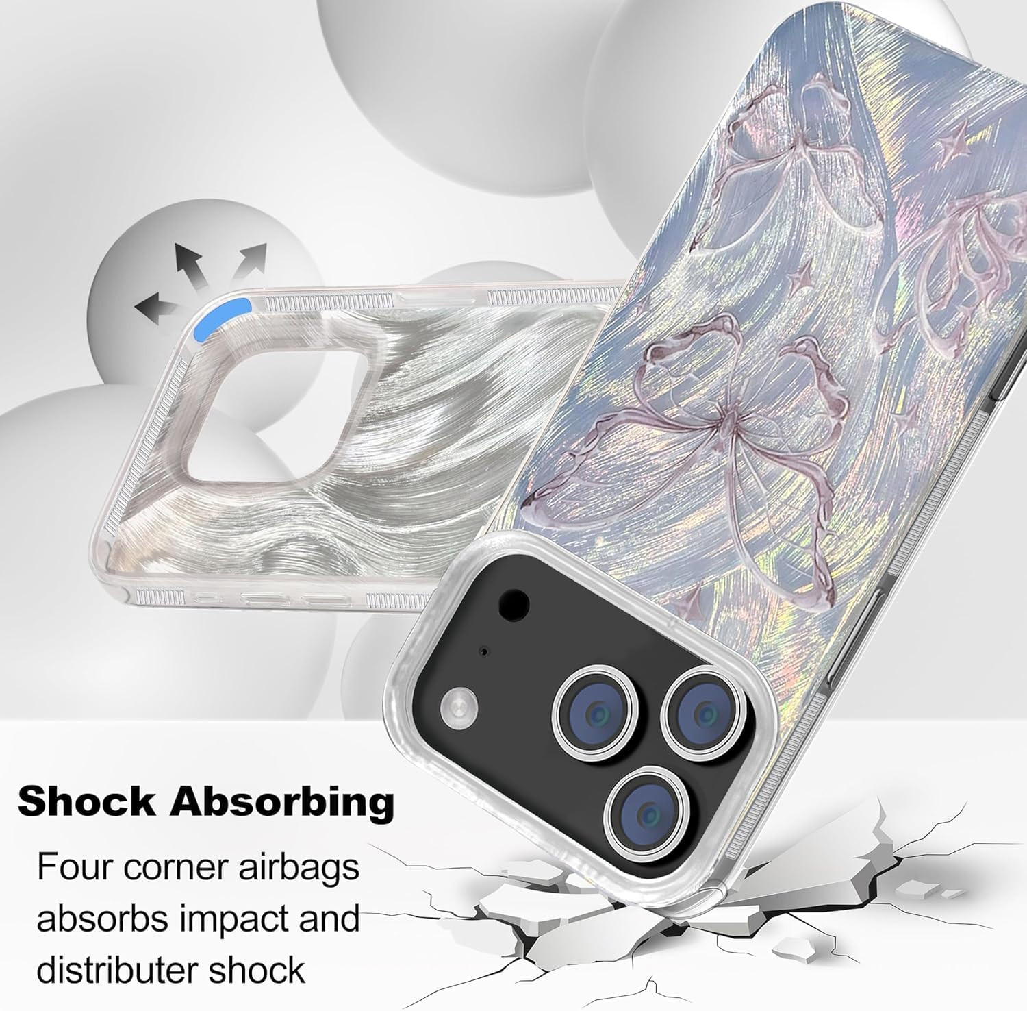 ELEPIK Shiny Fade Series for Iphone 17 Pro Max Case, [Unique Laser Design] Glitter Cute Fade Pattern Slim Soft TPU Protective Women Girl'S Phone Cover, Silver Butterfly image number 3