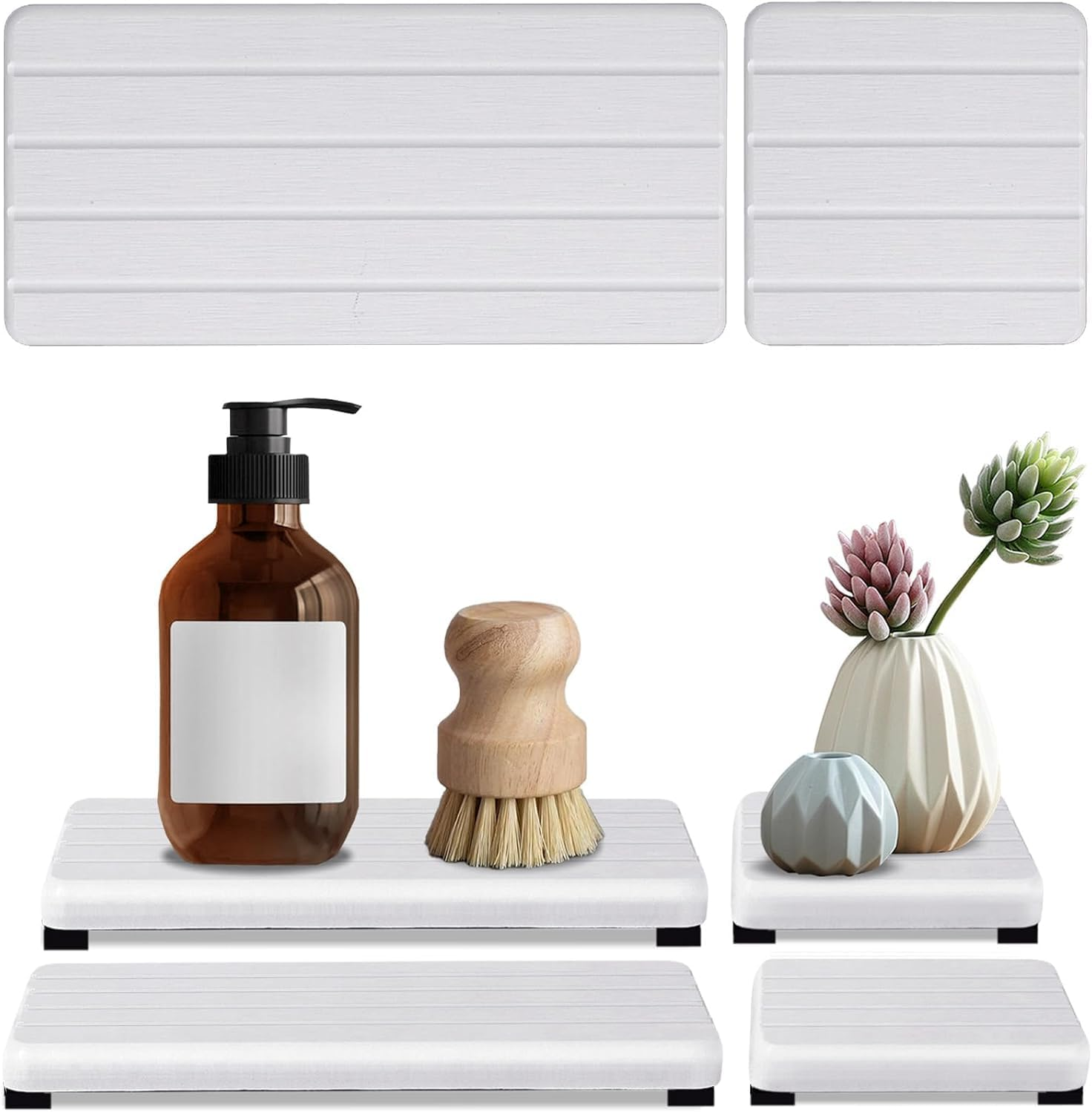 Set of 4 Water Absorbent Diatomite Coasters, Diatomaceous Earth Kitchen Soap Dish, Water Absorbing Stone Used for Hand Soaps & Plants & Toiletries in the Modern Home (White with Grooves) - Grey image number 7