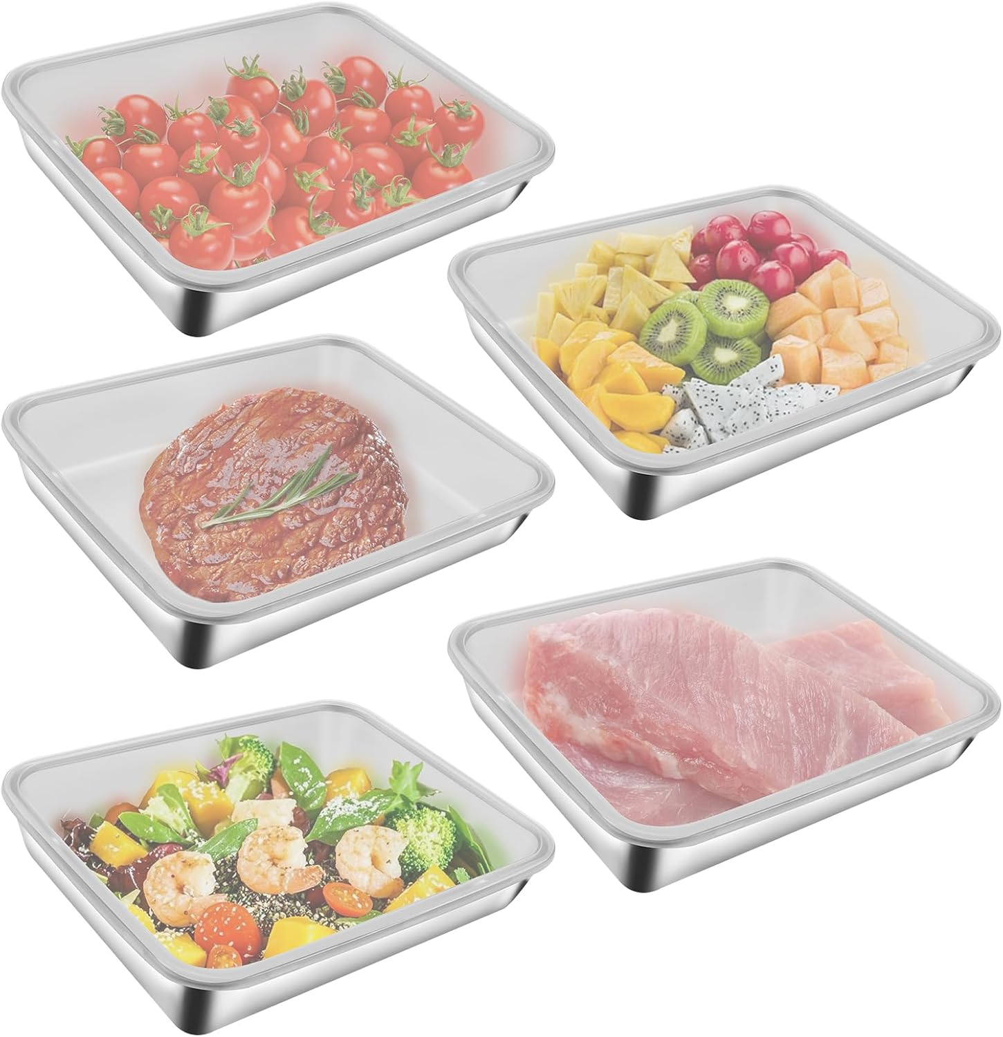 5 PCS Stainless Steel Food with Lid, 1500Ml/2500Ml Crisper Box for Fridge Fruit Container Airtight Kitchen Box for Vegetable Meat Cookie (1500ML)