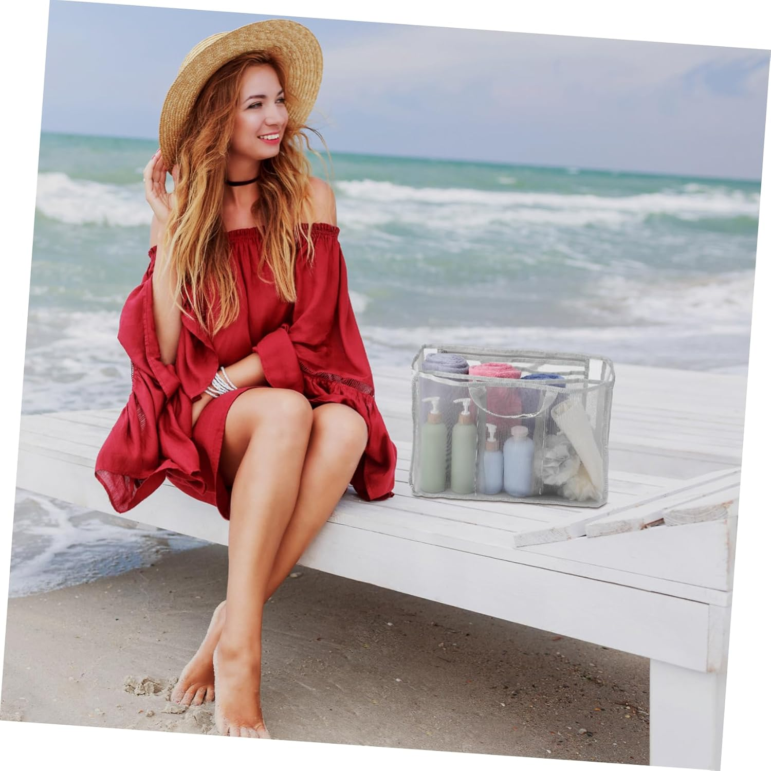 SAFIGLE Large Capacity Transparent Mesh Tote Bag with Divider for Beach and Travel Breathable Quick Dry Organizer for Swimming and Outdoor Activities Lightweight Drawstring Mesh Bag For image number 3