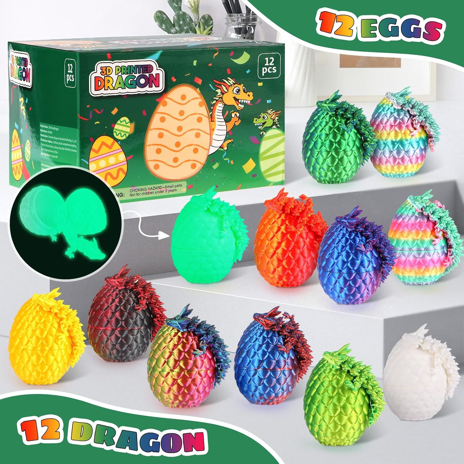 12PCS 3D Printed Dragon Eggs with Dragon Inside, Mini Dragon Egg Set Articulated Crystal Dragon Fidget Toy, Cool Stuff Fun Gifts for Adults Teens Boy Gifts Easter Basket Stuffers image number 6
