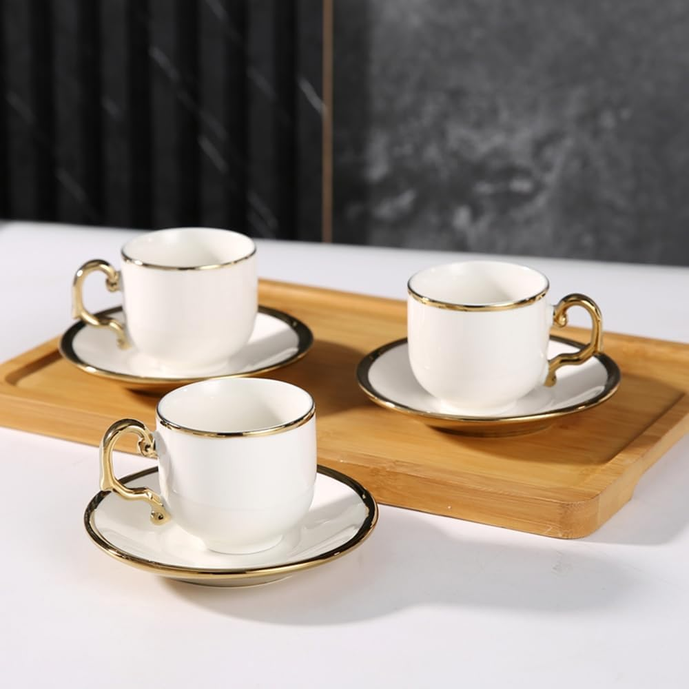 Frafuo 6Pcs Espresso Turkish Coffee Cups and Saucers Set - Elegant Ceramic Tea Cups with Modern Gold Trim, Dishwasher & Microwave Safe, 90Ml Capacity, Luxury Gift Box Packaging(White) image number 5