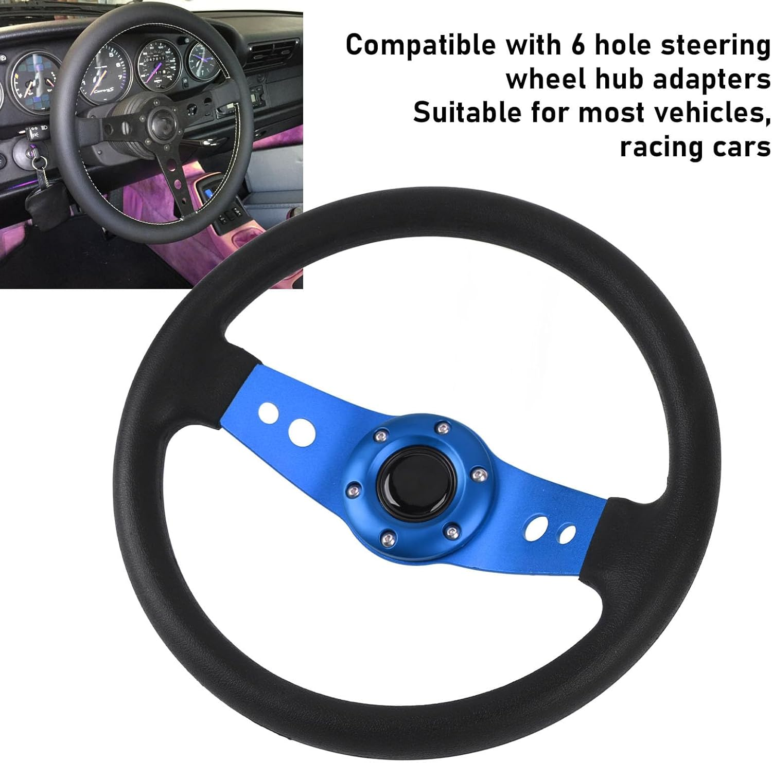 Jiawu 14In Universal Racing Steering Wheel with Horn Button, Blue, Aluminum + PU Leather, 6 Bolts, Passenger Car Compatible