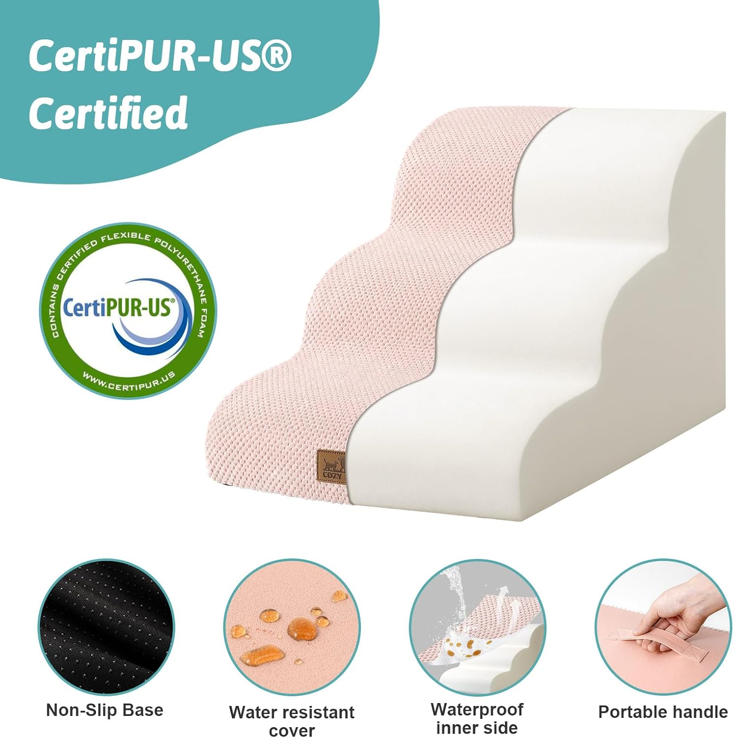 COZY KISS Dog Stairs for Small Dogs 15.7" H, Curved Dog Step for Puppy, Older Cat, Medium Pet Ramp for Sofa, Couch or Bed, Ladder with High Density Foam, 15.7X22.4X15.7 Inch, 3 Step, Pink image number 6