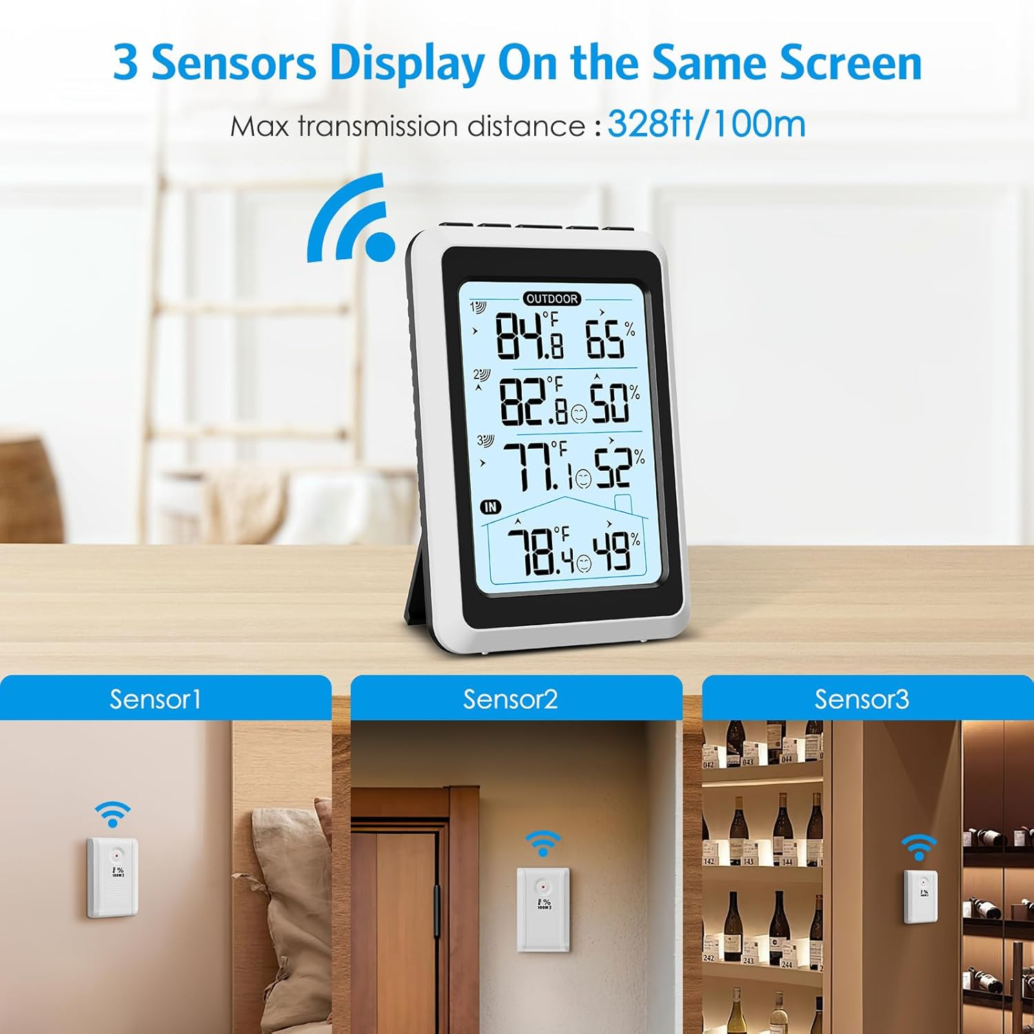 AMIR Wireless Weather Station, Digital Thermometer Hygrometer Indoor Outdoor with 3 Remote Sensors, Max/Min Record, Backlight, Temperature Gauge Humidity Monitor for Patio, Home, Garage, Greenhouse image number 1