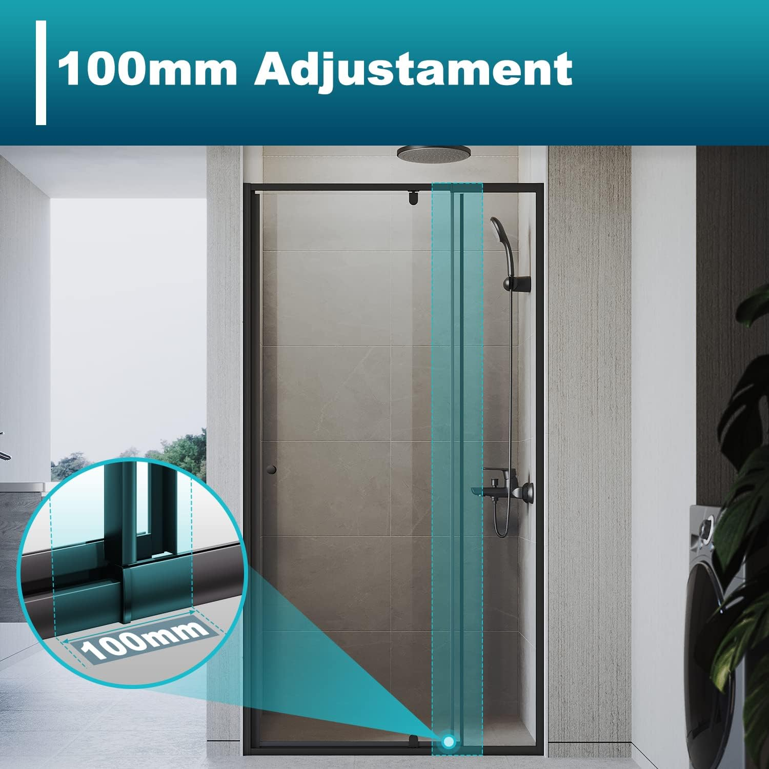 ELEGANT Semi-Frameless Shower Doors, Black Pivot Door, 5Mm Safety Glass Rail Adjustable, Fits 80-90Cm, Reversible Shower Enclosure Cubicle image number 4