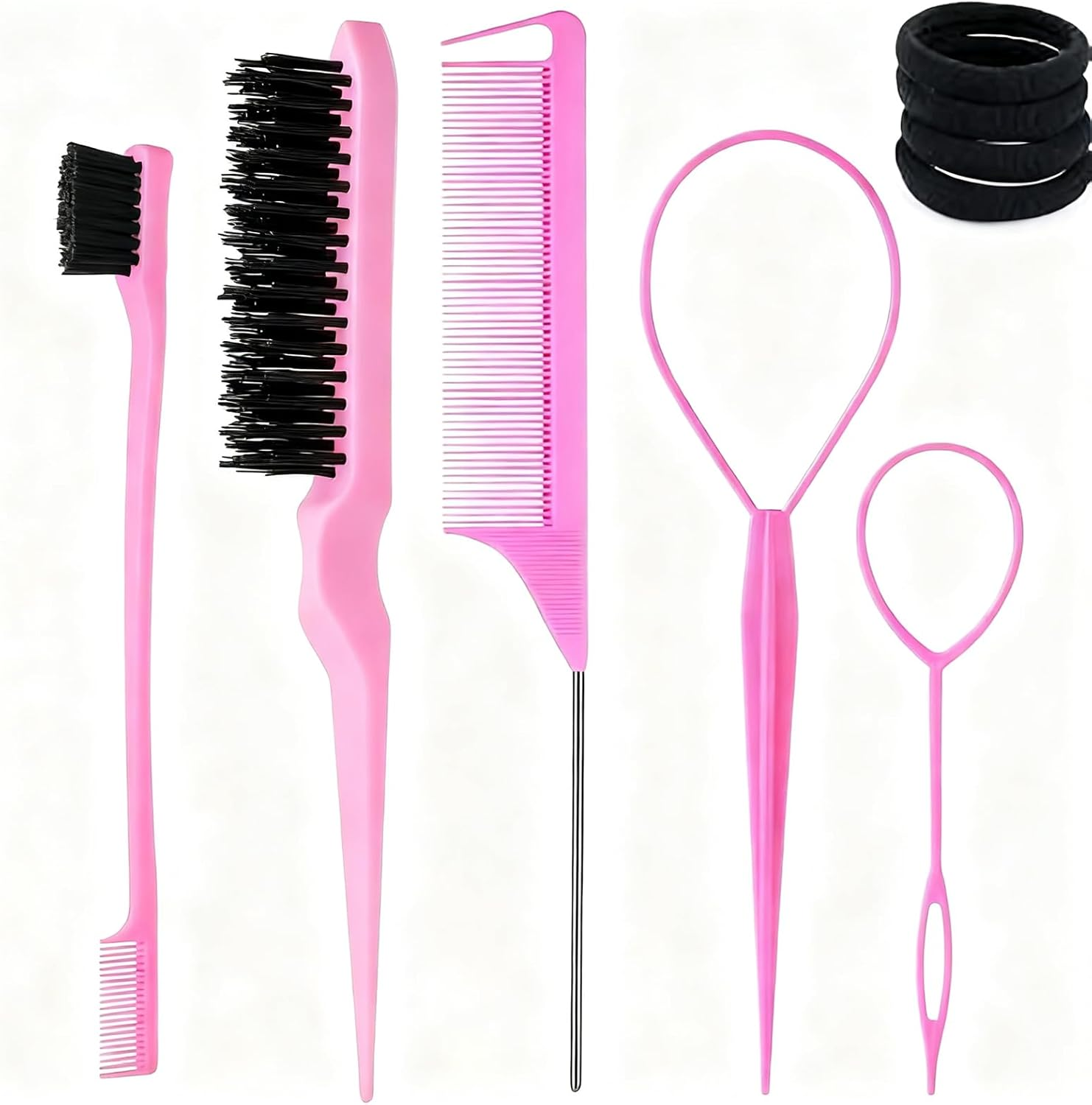 5Pcs Pink Slick Back Brush Set - Topsy Tail Tool, Volumizing Teasing Comb for Women & Girls, Flyaways Control & Edge Styling image number 1