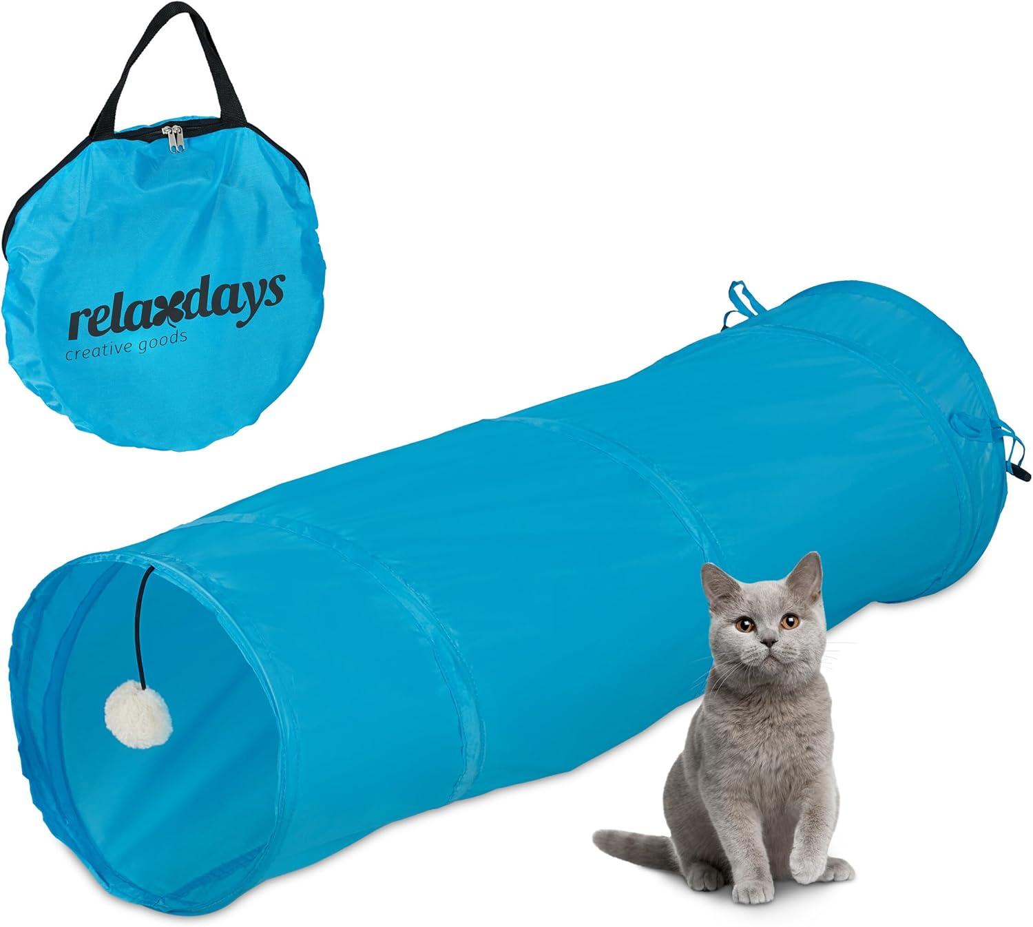 Relaxdays Cat Tunnel Foldable Cat Tube with Toy, Interactive Cat Play Tunnel, W X D: Approx. 88 X 25 Cm, Blue