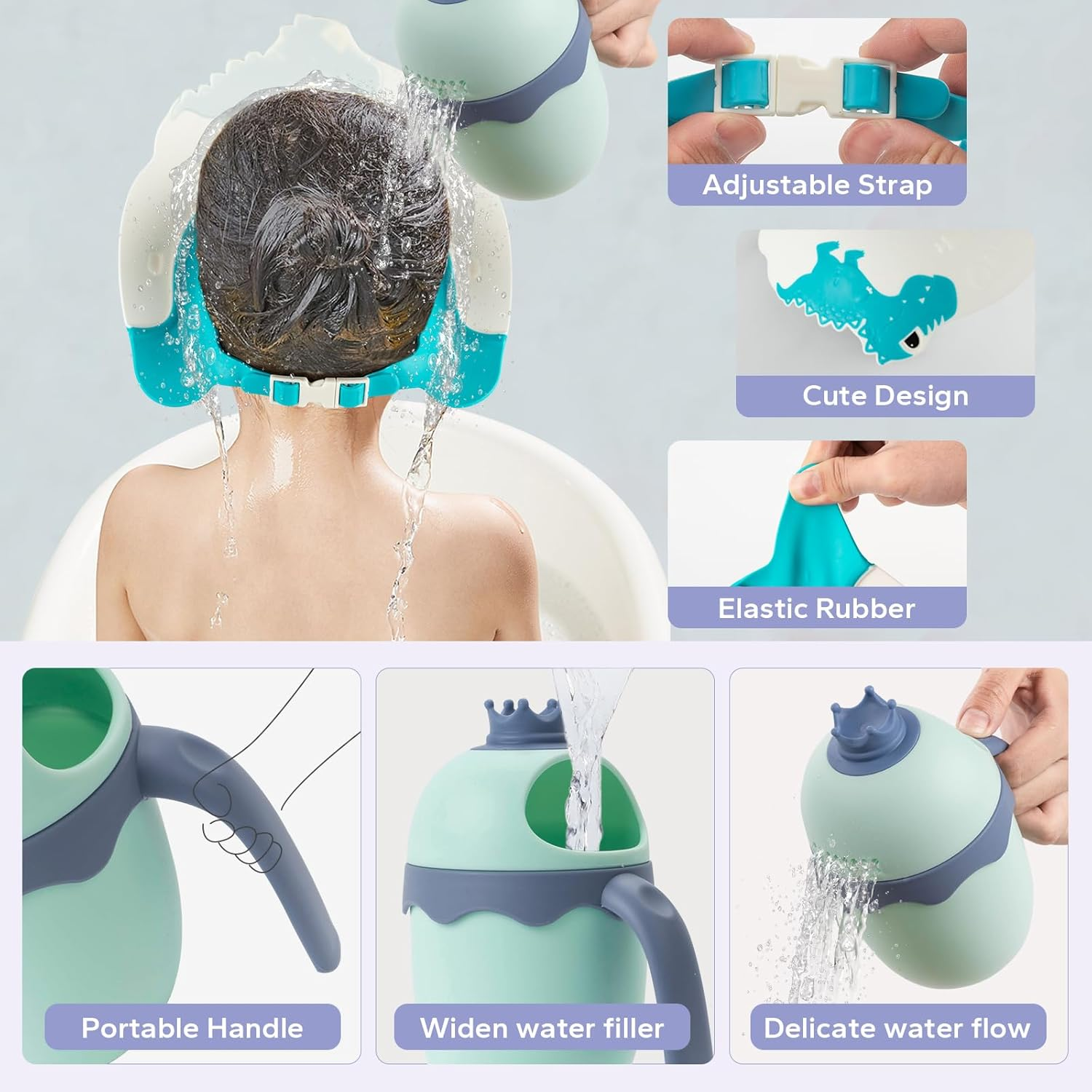 FUNUPUP Baby Shower Cap for Kids with Bath Rinse Cup, Adjustable Toddler Hair Washing Shield Hat Baby Bath Visor Shampoo Hat for Toddlers 6M-9T（Dinosaur Blue)