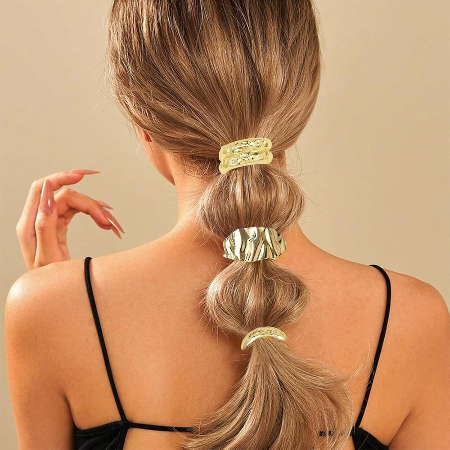 ASOMI Pack of 3 Metal Hair Bobbles, Metal Hair Cuffs, Elastic Hair Band, Geometric Golden Scrunchies Hair Scrunchies Holder, for Women and Girls image number 2