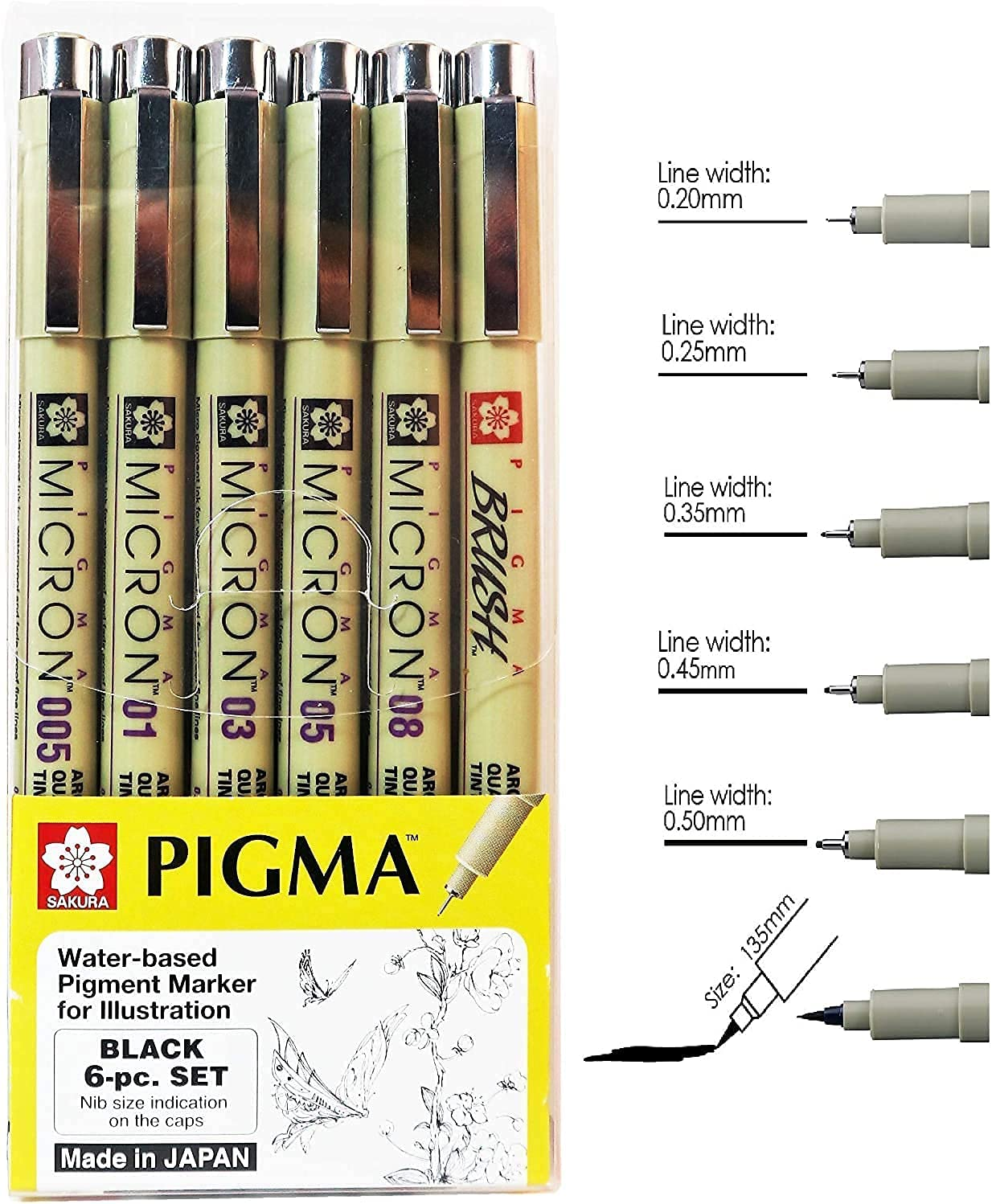 Sakura Pigma Micron Drawing Pens Set, (Size: 005, 01, 03, 05,08, Brush Tip) Black Fineliner Artist Pen