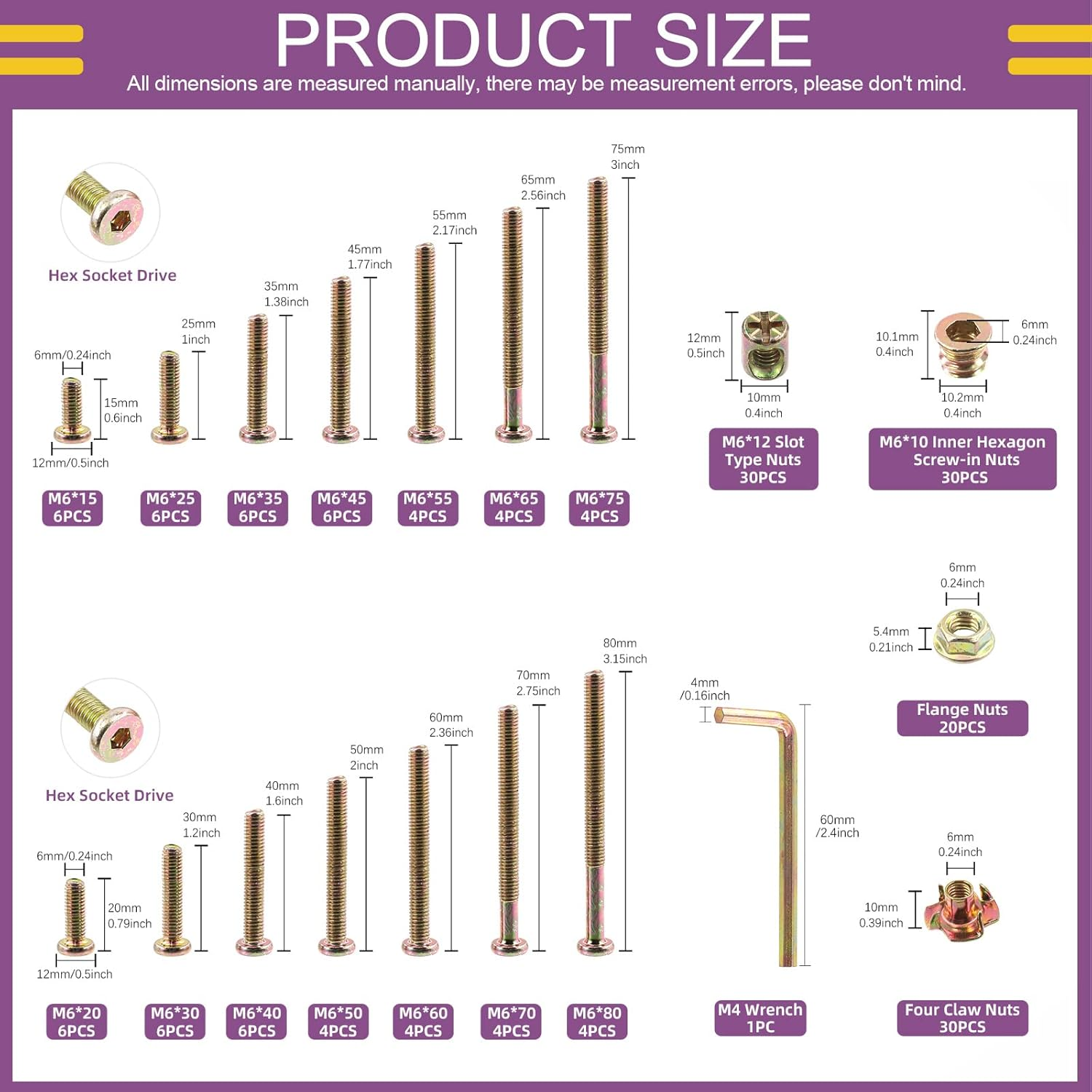Swpeet 181Pcs M6 X 15Mm - 80Mm Color Zinc Flat Head Hex Socket Cap Baby Crib Bed Bolts Nuts Screws and Threaded Insert Nuts with Flange Nuts and 4 Pronged Tee T Nuts Assortment Kit with Allen Wrench image number 2