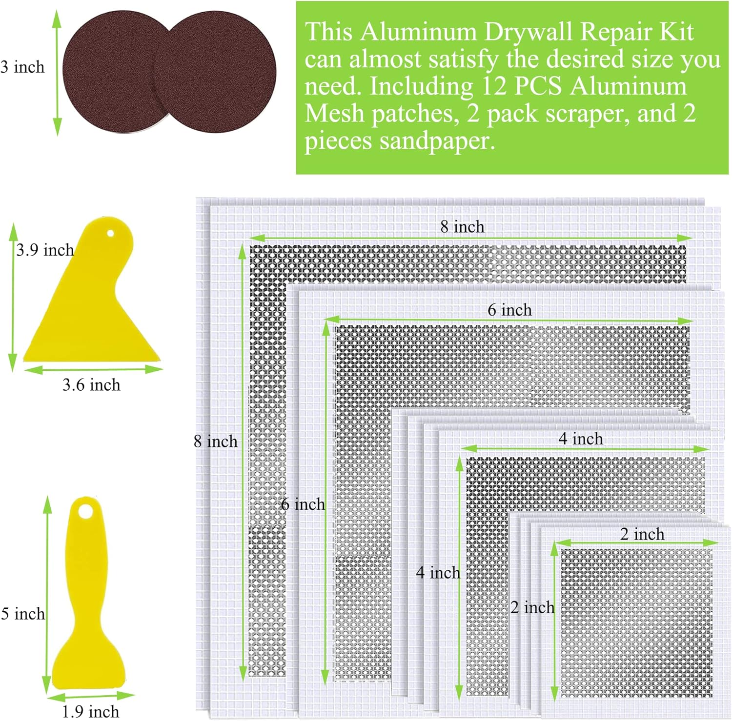 16 PCS Aluminum Wall Repair Patch Kit, Self -Adhesive Wall Repair Patch- 2&rdquo;X2&rdquo; (4) 4&rdquo;X4&rdquo; (4) 6&rdquo;X6&rdquo; (2) 8&rdquo;X8&rdquo; (2) Putty Knife (2) Sanding Pad (2), Dry Wall Hole Repair Patch Metal Patch image number 1