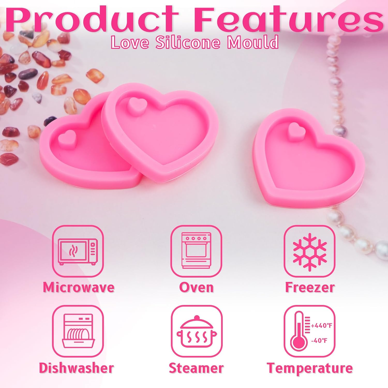 12 Pcs Heart Resin Silicone Keychain Molds with Hole, Valentine'S Day Mould, Keychain Mould Crafts Epoxy Resin with 24 Pcs Key Rings for DIY Decoration, Homemade Dessert (Pink) image number 2