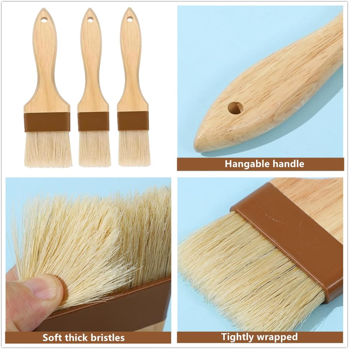 3Pcs Natural Boar Bristle Brushes,Pastry Basting Brushes,For Barbecue,Outdoor Dining,Brush with Oil/Butter/Sauces/Marinades,Clearing the Dust(1Pcs 2 Inch,2Pcs 1Inch) image number 1