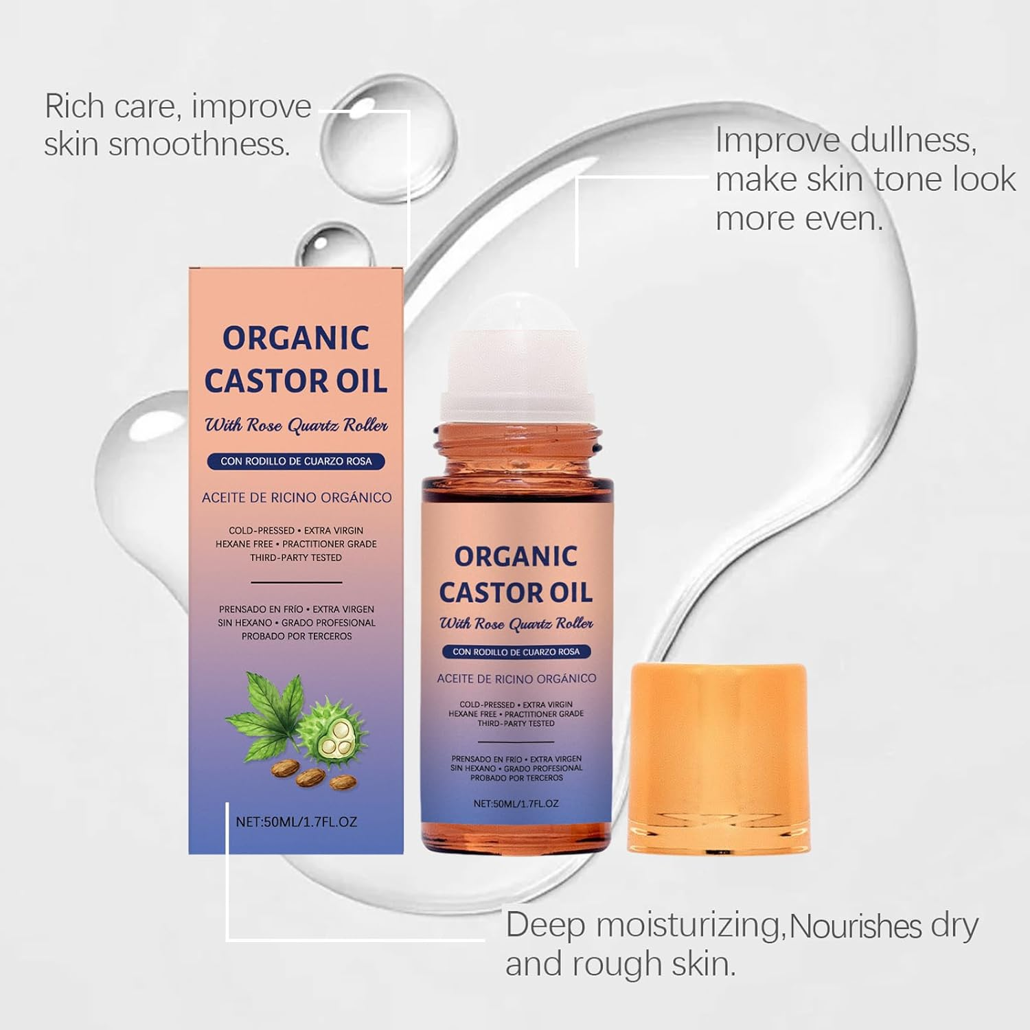 Organic Castor Oil with Rose Quartz Roller, Cold Pressed, Organic Castor Oil Roller Ball, 1.7 Fl Oz, Hexane Free, Nourishing Skin, for Face, Tummy, Body and Skin, Amber Glass Bottle (5PCS) - 3Pcs image number 3